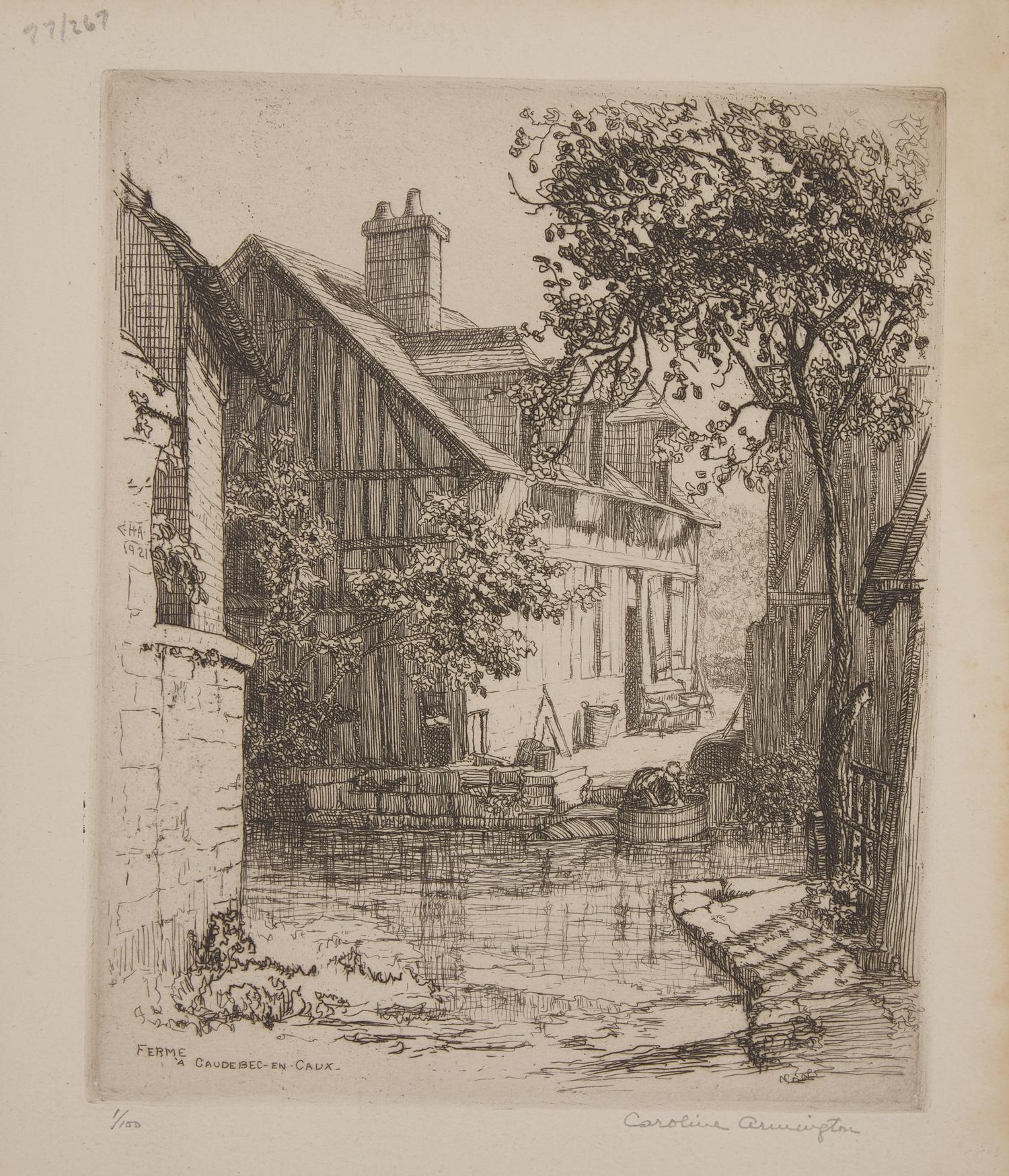 Caroline Helena Armington (American, 1875–1939) — Le Petit Pont a Moret , 1917; Together with Quoi Vert, Bruges , 1908 ; and Ferme a Caudebec-en-Caux , 1921 (Three Works)