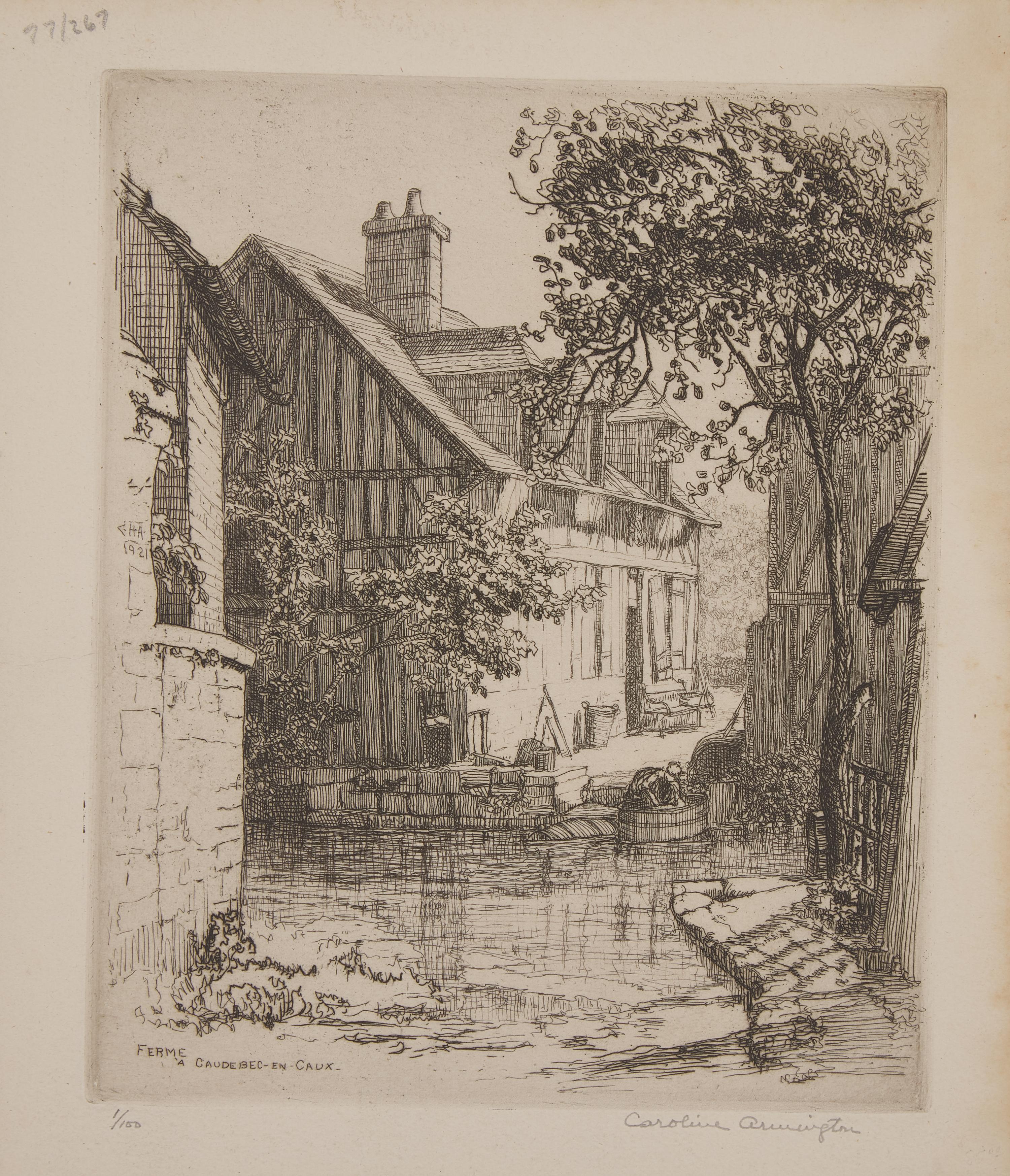 Caroline Helena Armington (American, 1875–1939) — Le Petit Pont a Moret , 1917; Together with Quoi Vert, Bruges , 1908 ; and Ferme a Caudebec-en-Caux , 1921 (Three Works)