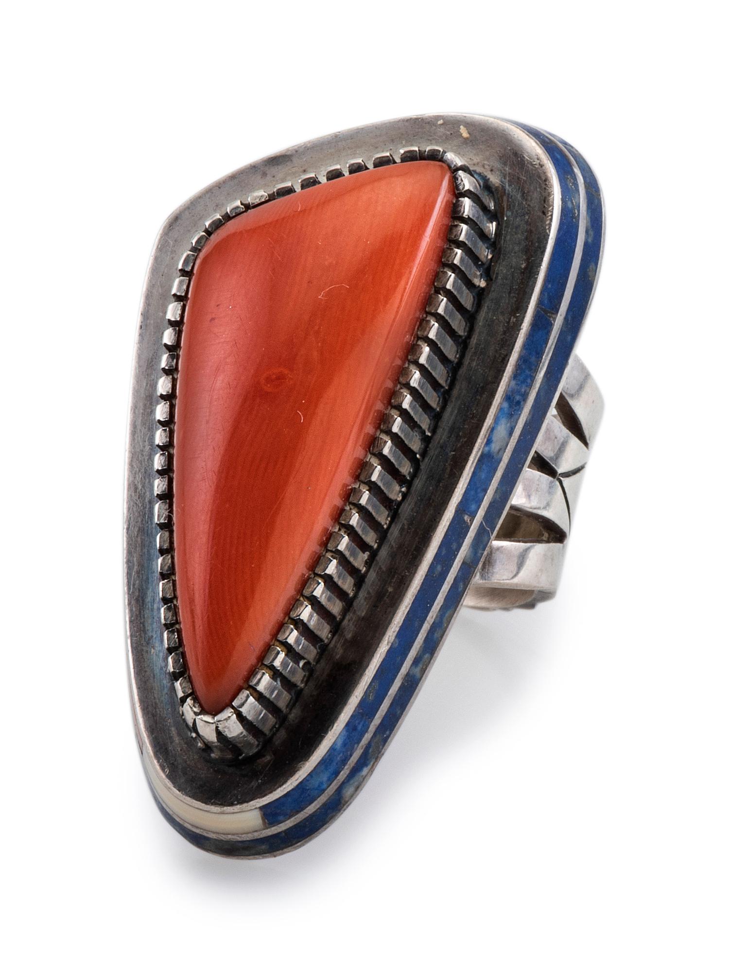 Silver, Coral, and Lapis Ring
