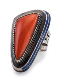 Silver, Coral, and Lapis Ring