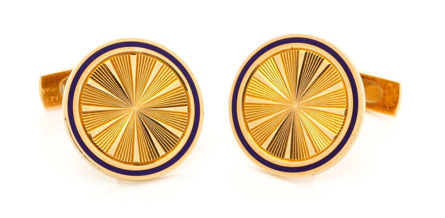A Pair of 18 Karat Yellow Gold and Enamel Cuff Links, Bulgari, 13.50 dwts.