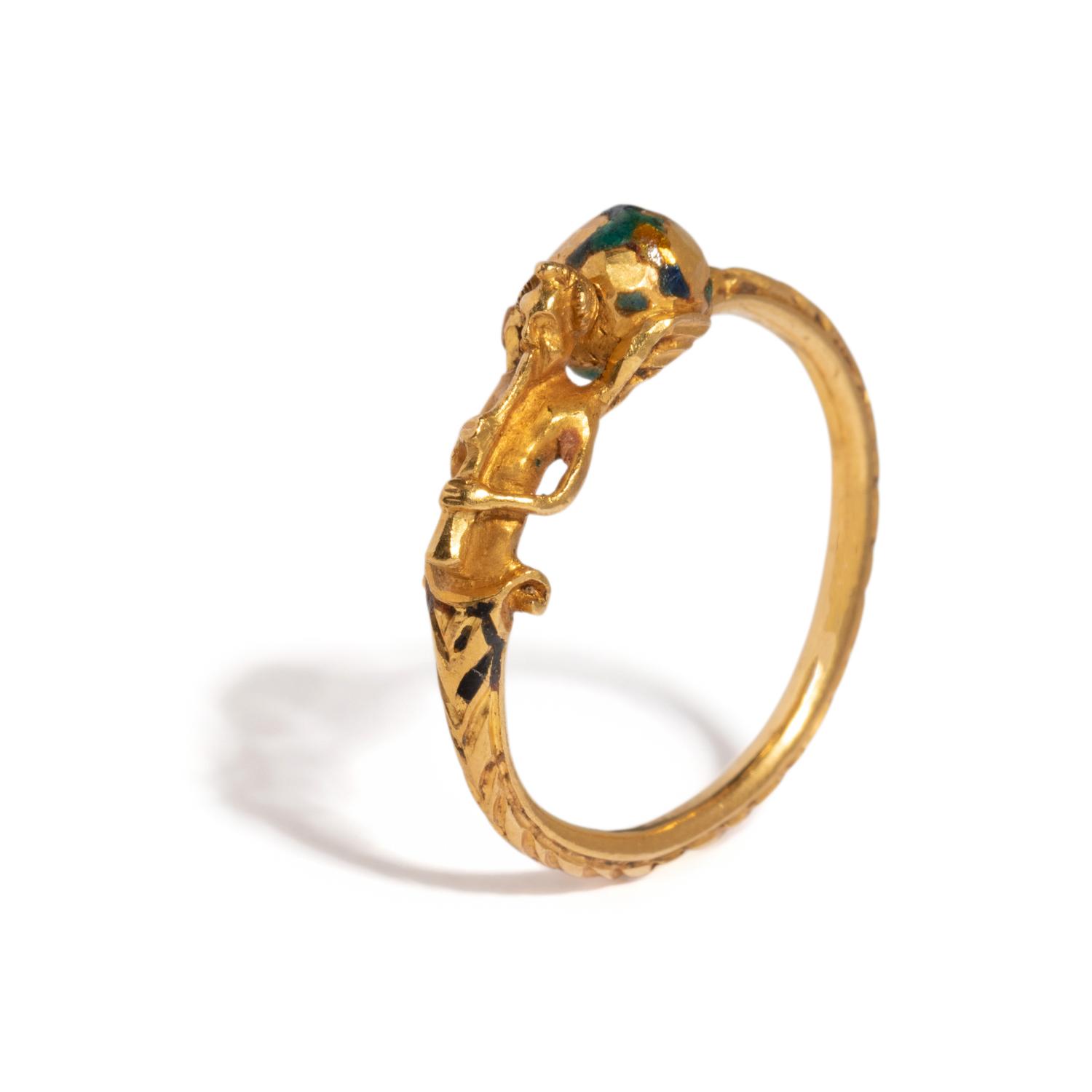 ANTIQUE, YELLOW GOLD AND ENAMEL 'PAN' FIGURE RING
