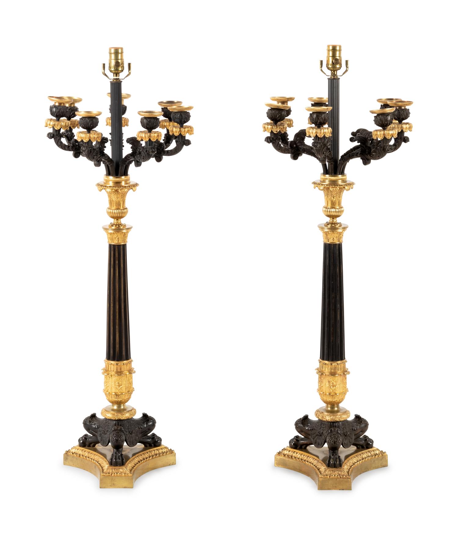 A Pair of Charles X Gilt and Patinated Bronze Seven-Light Candelabra