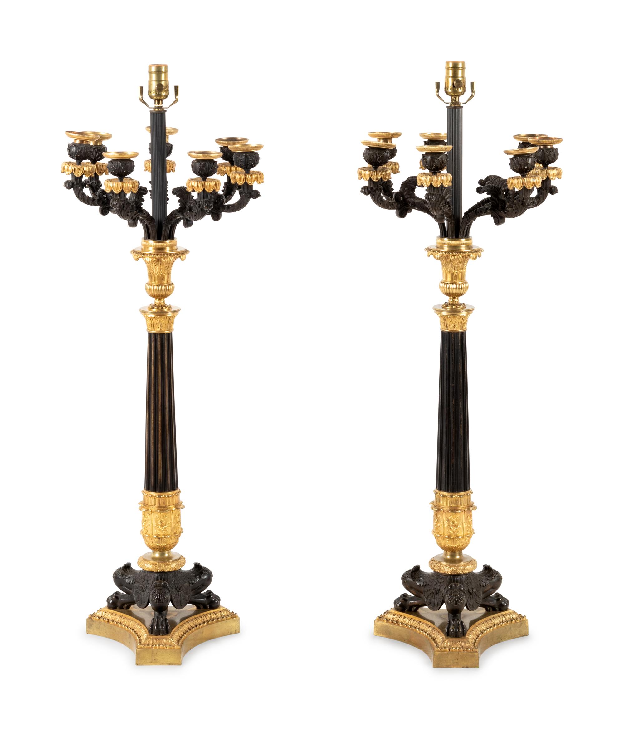 A Pair of Charles X Gilt and Patinated Bronze Seven-Light Candelabra