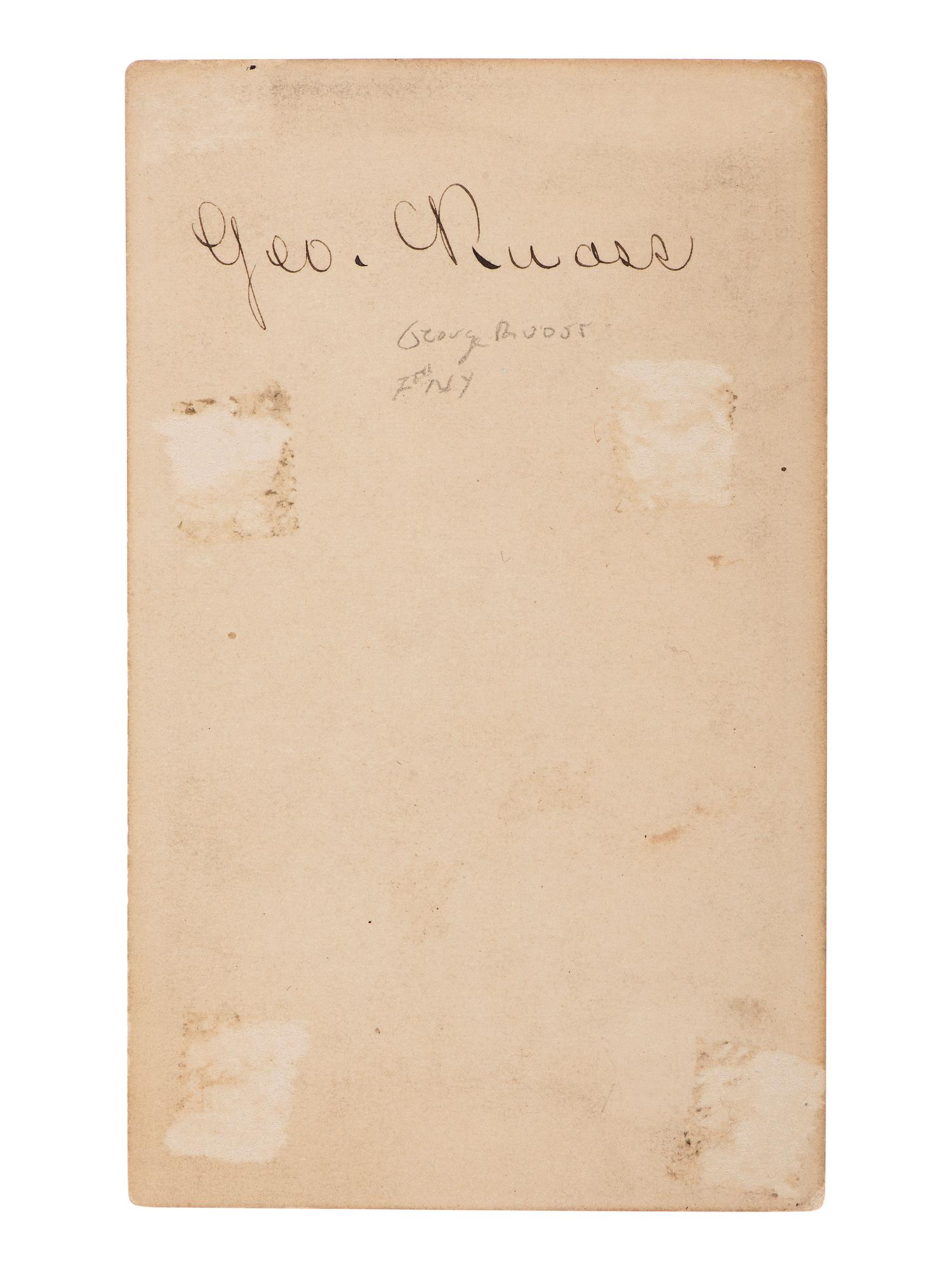 [CIVIL WAR]. [BELL, William H., photographer]. CDV of a wounded soldier identified as Private George Ruoss, 7th New York Veteran Infantry, featured naked below the waist.