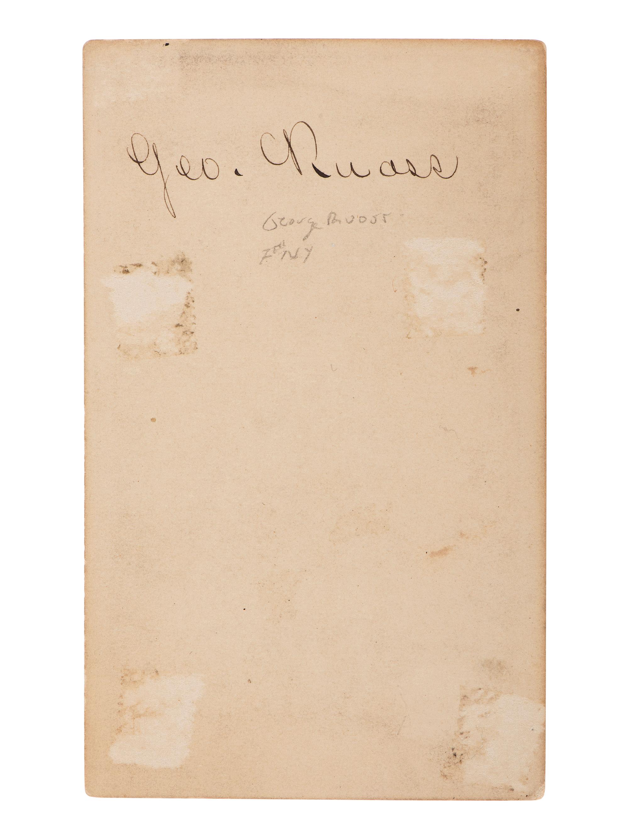 [CIVIL WAR]. [BELL, William H., photographer]. CDV of a wounded soldier identified as Private George Ruoss, 7th New York Veteran Infantry, featured naked below the waist.