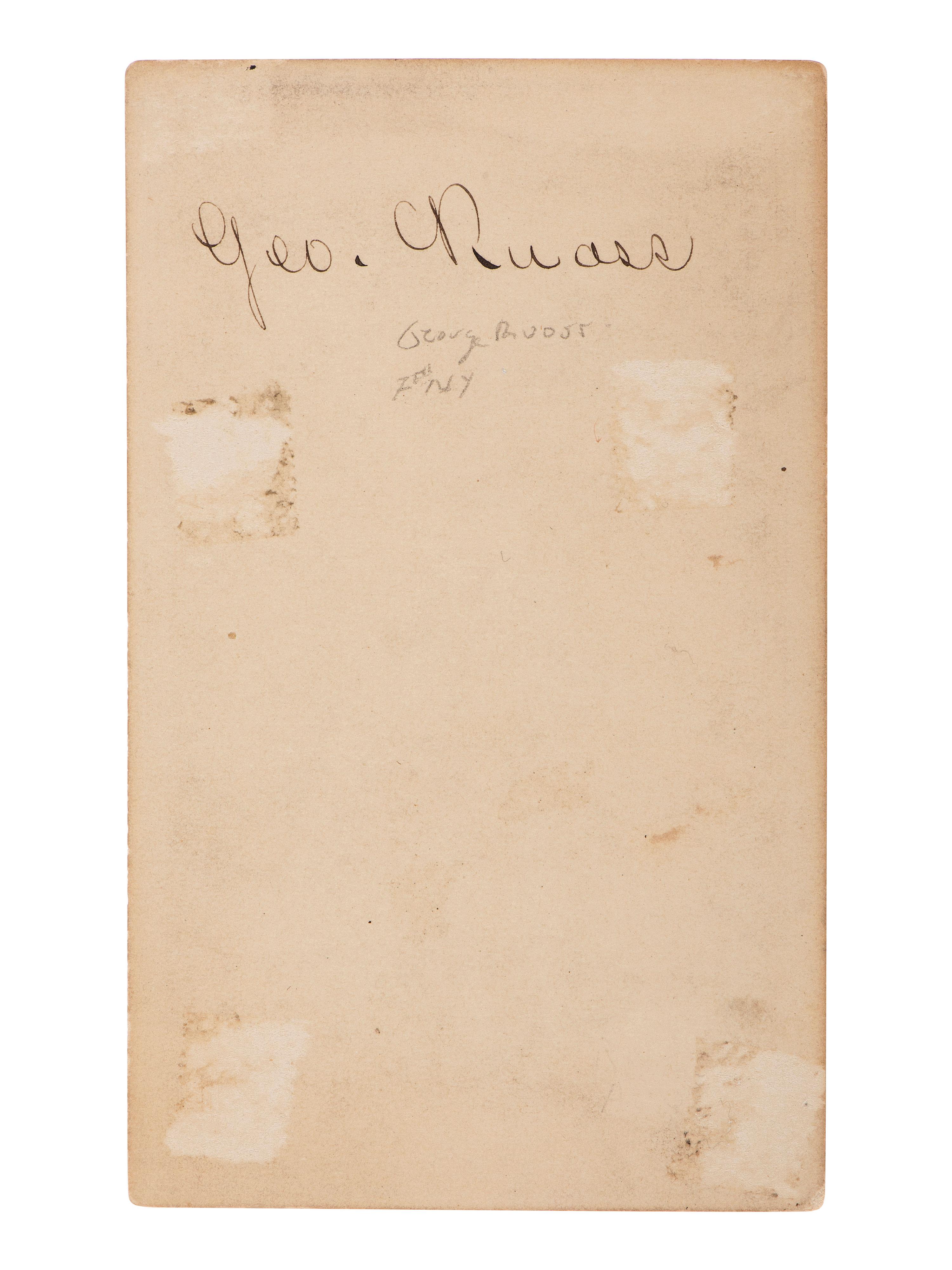 [CIVIL WAR]. [BELL, William H., photographer]. CDV of a wounded soldier identified as Private George Ruoss, 7th New York Veteran Infantry, featured naked below the waist.
