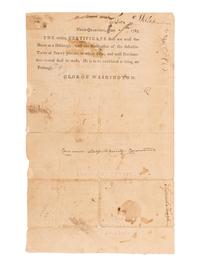 WASHINGTON, George (1732-1799). Partly printed document signed ("Go: Washington"), as Commander-in-Chief of the Continental Army, "Head-Quarters," 7 June 1783. Countersigned by John TRUMBULL (1740-1809) ("J. Trumbull Gen Secy."), as General Secretary.
