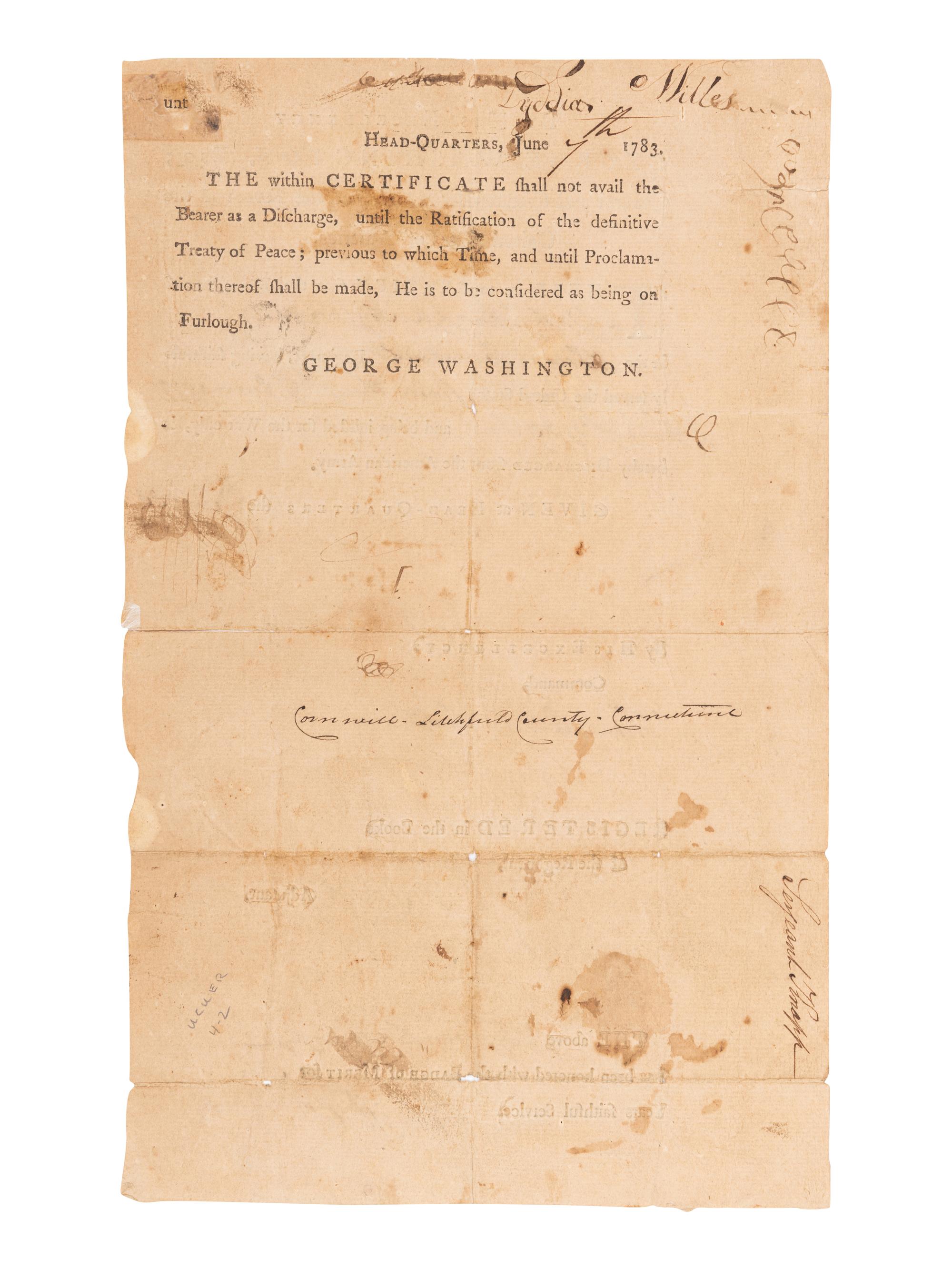 WASHINGTON, George (1732-1799). Partly printed document signed ("Go: Washington"), as Commander-in-Chief of the Continental Army, "Head-Quarters," 7 June 1783. Countersigned by John TRUMBULL (1740-1809) ("J. Trumbull Gen Secy."), as General Secretary.