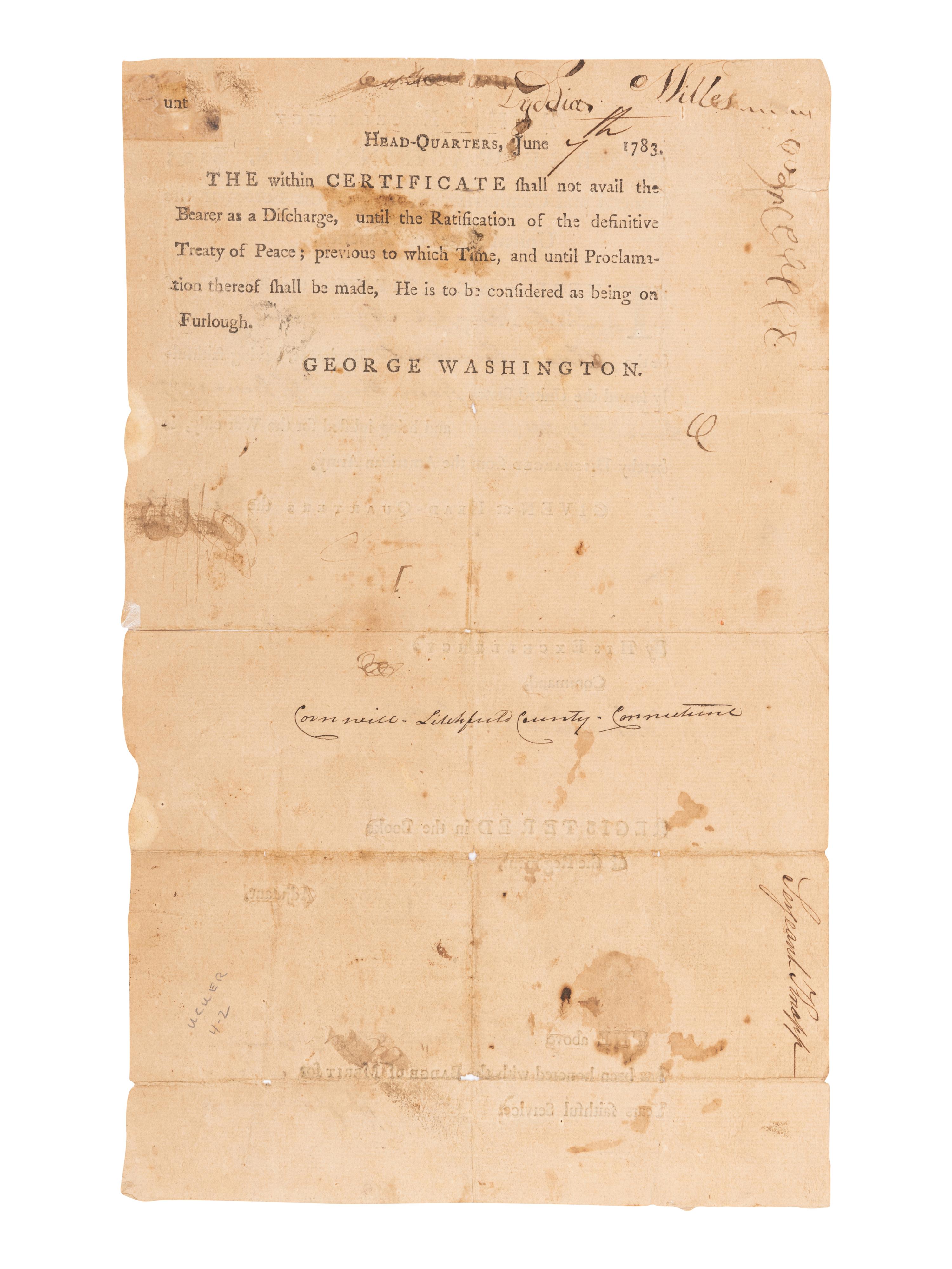 WASHINGTON, George (1732-1799). Partly printed document signed ("Go: Washington"), as Commander-in-Chief of the Continental Army, "Head-Quarters," 7 June 1783. Countersigned by John TRUMBULL (1740-1809) ("J. Trumbull Gen Secy."), as General Secretary.