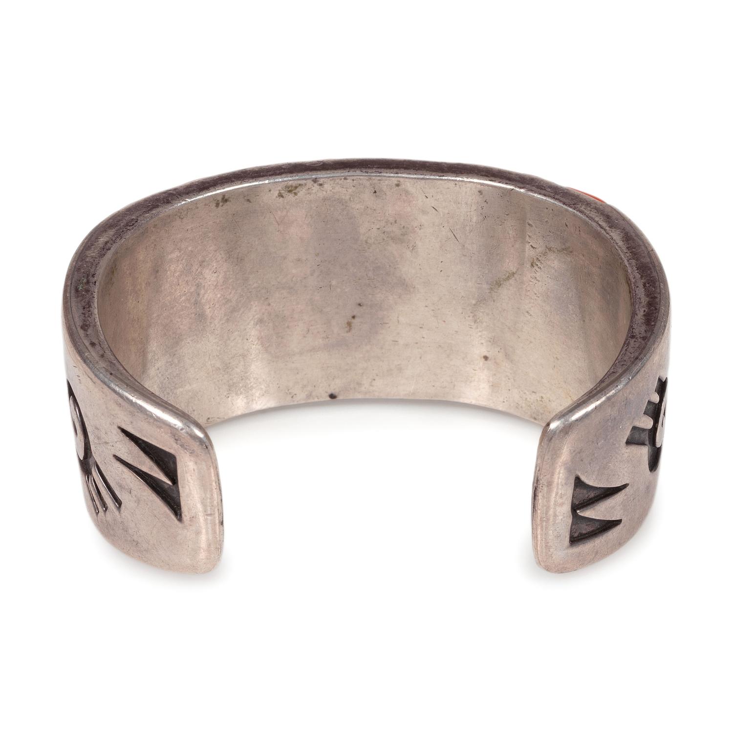 Navajo or Hopi Silver Overlay and Coral Cuff Bracelet