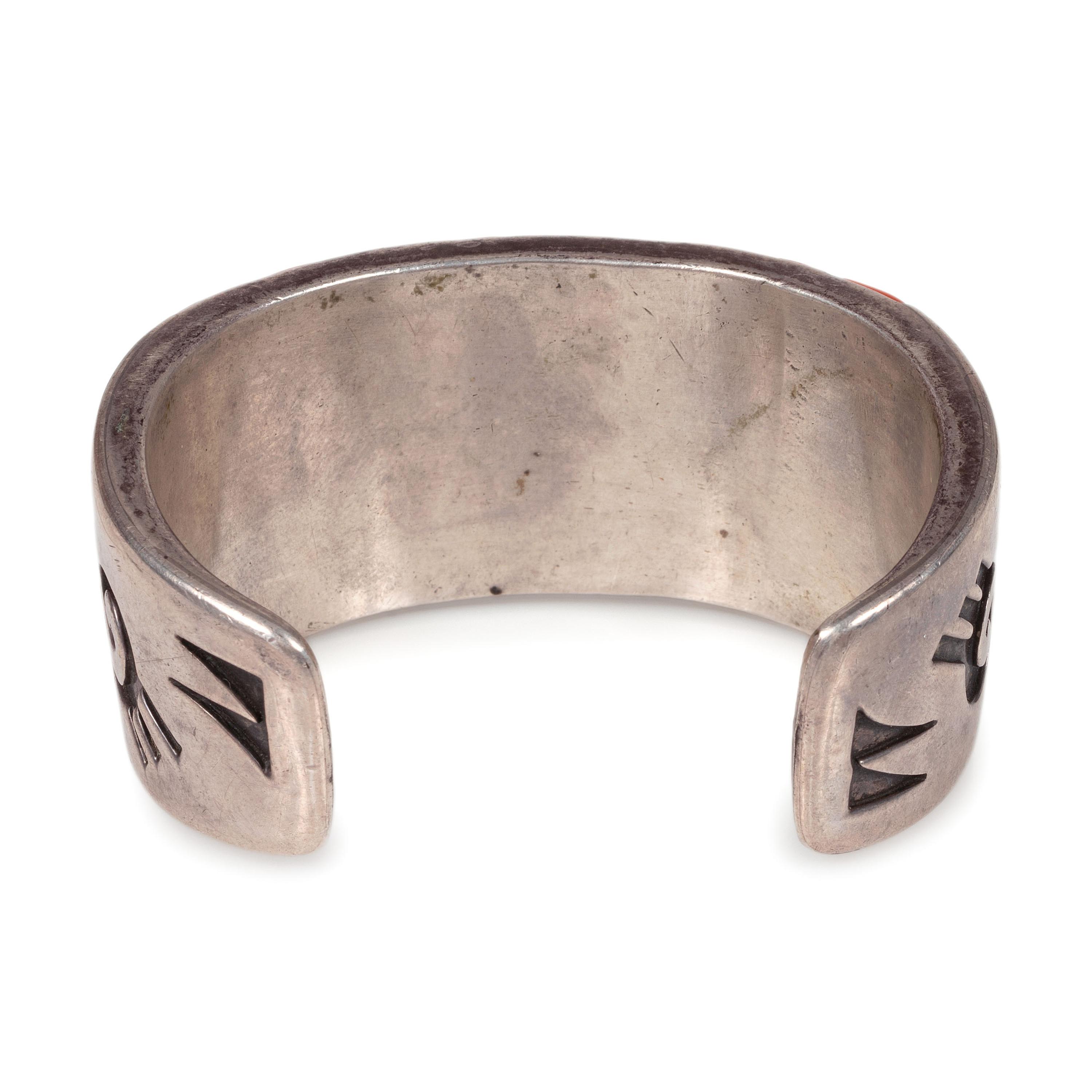 Navajo or Hopi Silver Overlay and Coral Cuff Bracelet
