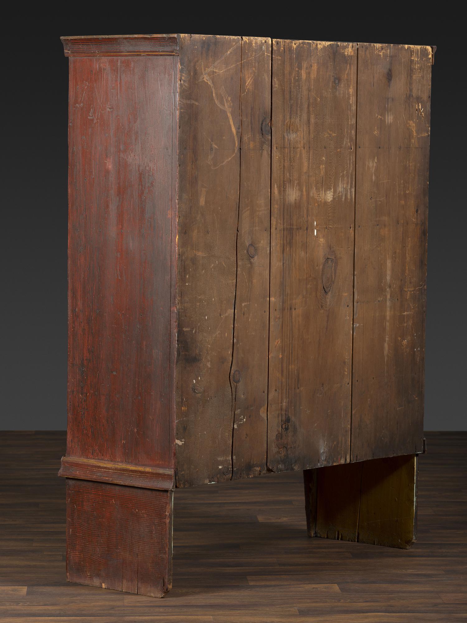 A Country Grain Painted Pine and Pressed Sheet Tin Pie Safe and Marriage Cabinet