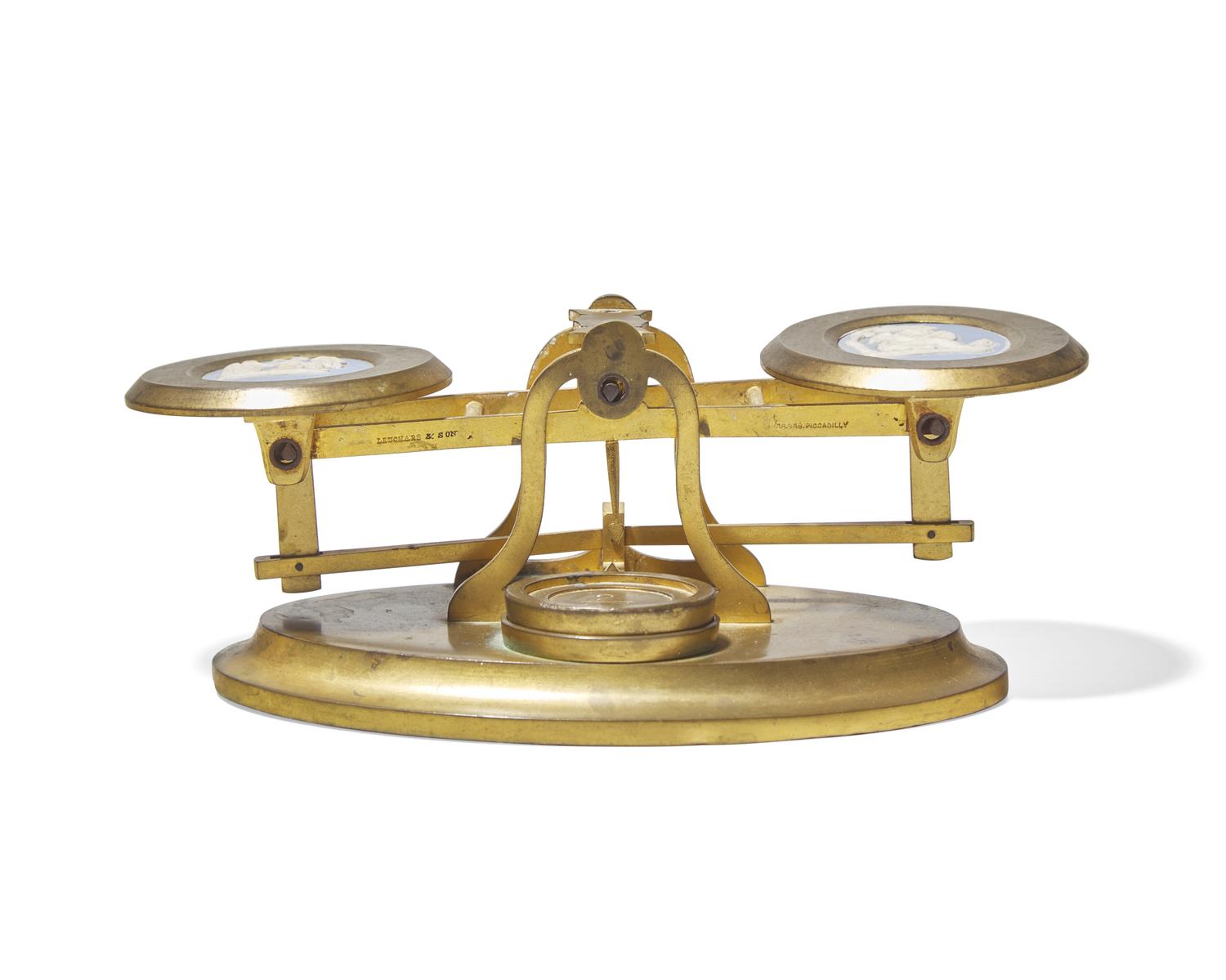 A Brass Balance Scale With Inset Wedgwood Jasperware Plaques