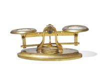 A Brass Balance Scale With Inset Wedgwood Jasperware Plaques