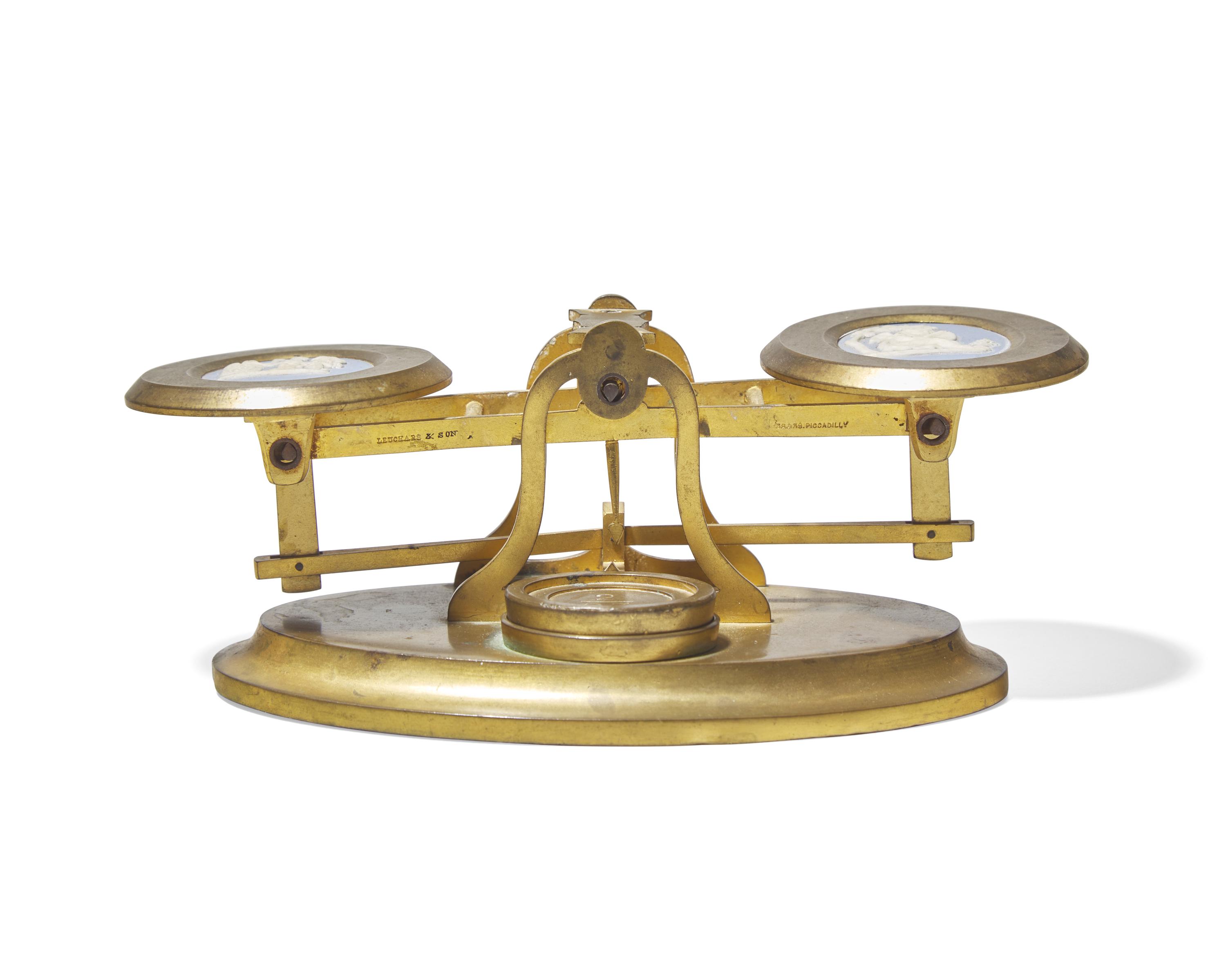 A Brass Balance Scale With Inset Wedgwood Jasperware Plaques