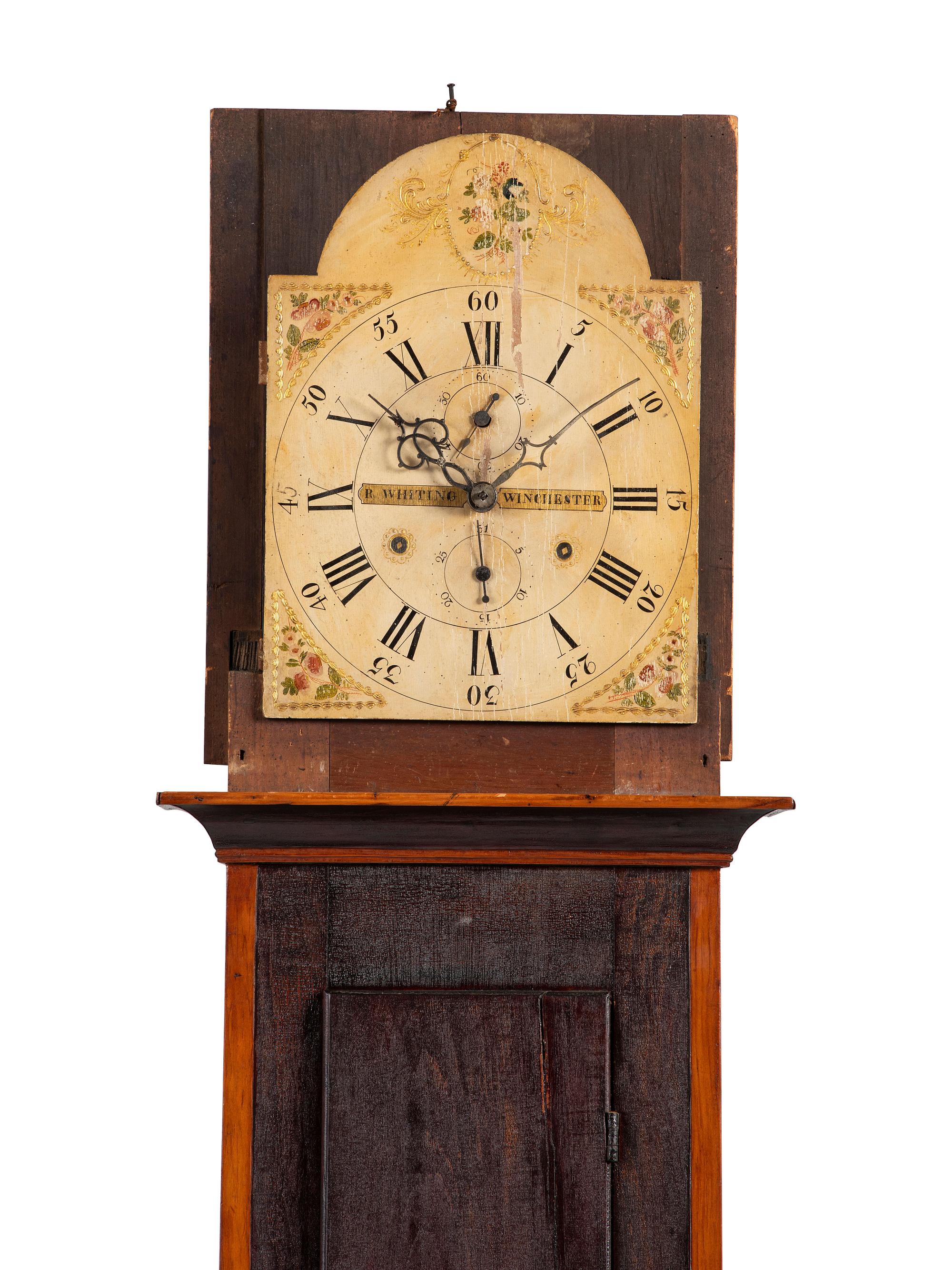 A Federal Painted Pine Wooden Works Tall Case Clock