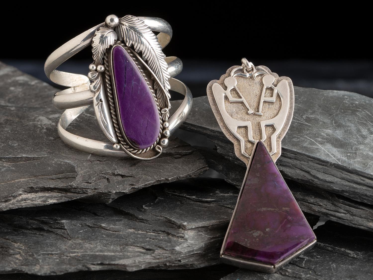 Ray Morton, Whirling Wind (Diné, 20th/21st century) — Sterling Silver and Sugillite Cuff Bracelet and Pendant