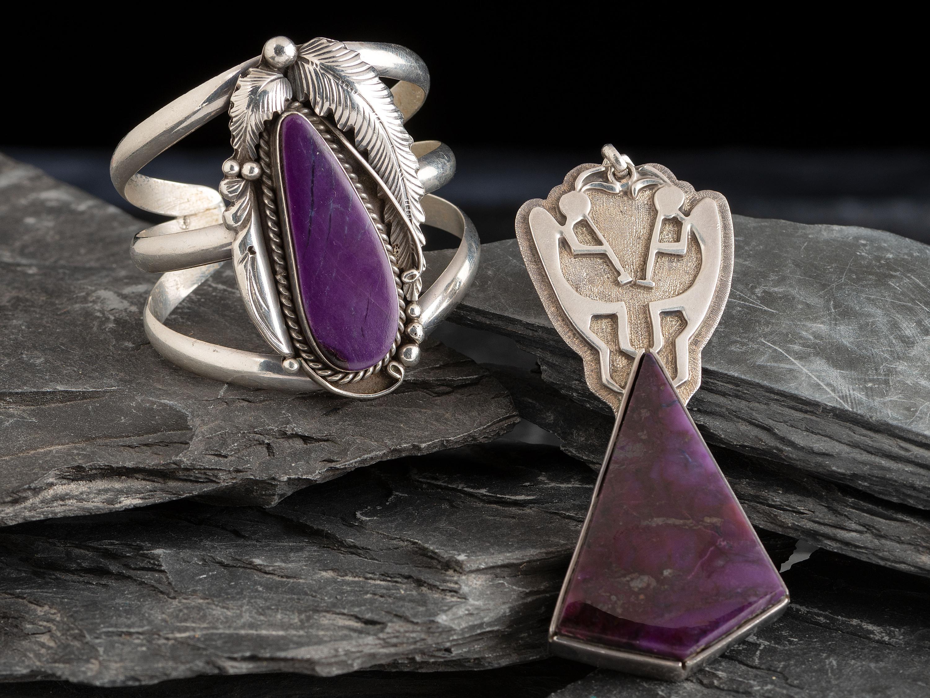 Ray Morton, Whirling Wind (Diné, 20th/21st century) — Sterling Silver and Sugillite Cuff Bracelet and Pendant