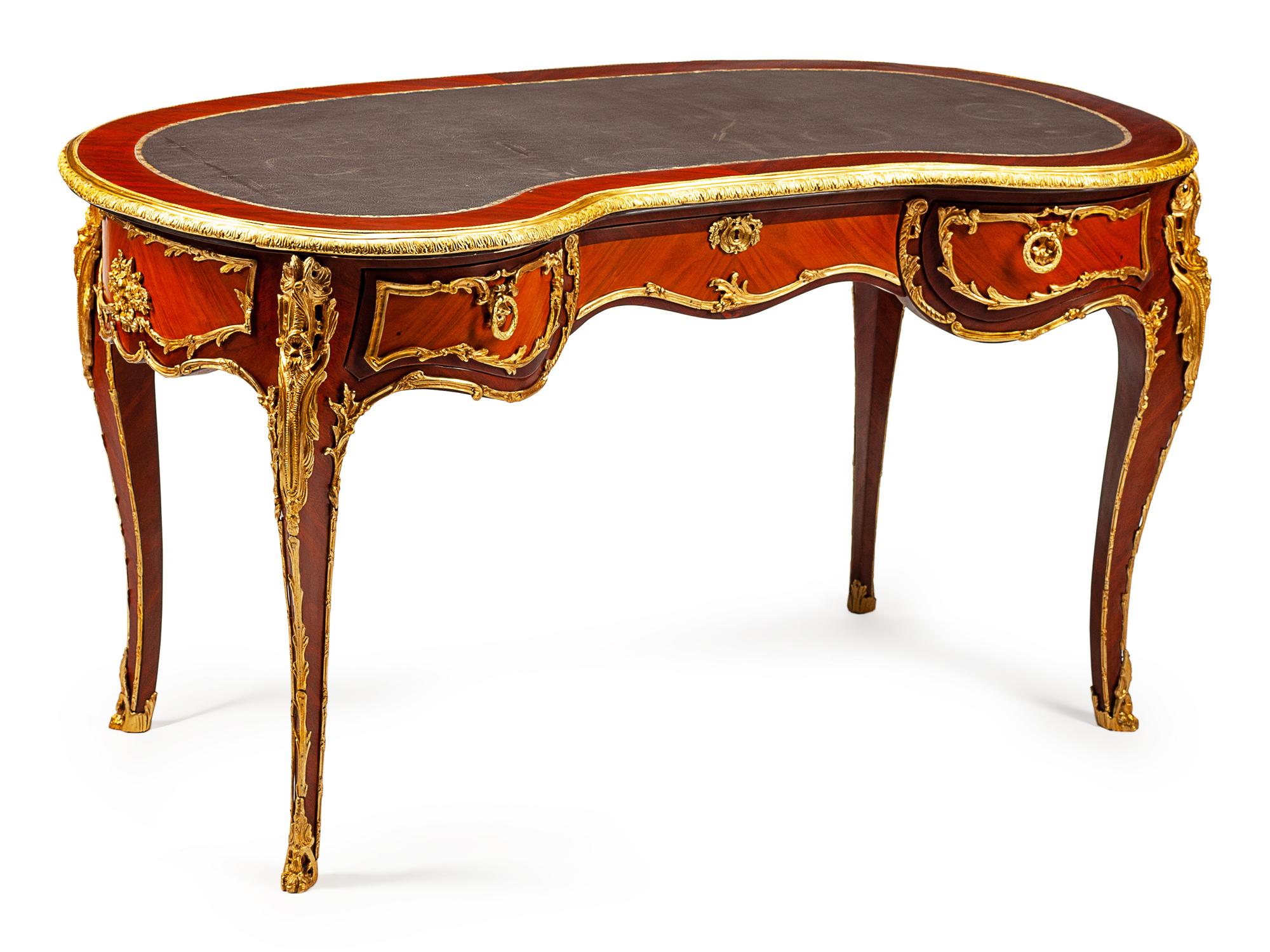 A Louis XV Style Gilt-Bronze-Mounted Kingwood and Tulipwood Kidney-Shaped Bureau Plat