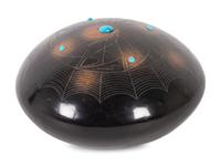 Black and Sienna Seed Jar, with Sgraffito Spiders and Turquoise Beads
