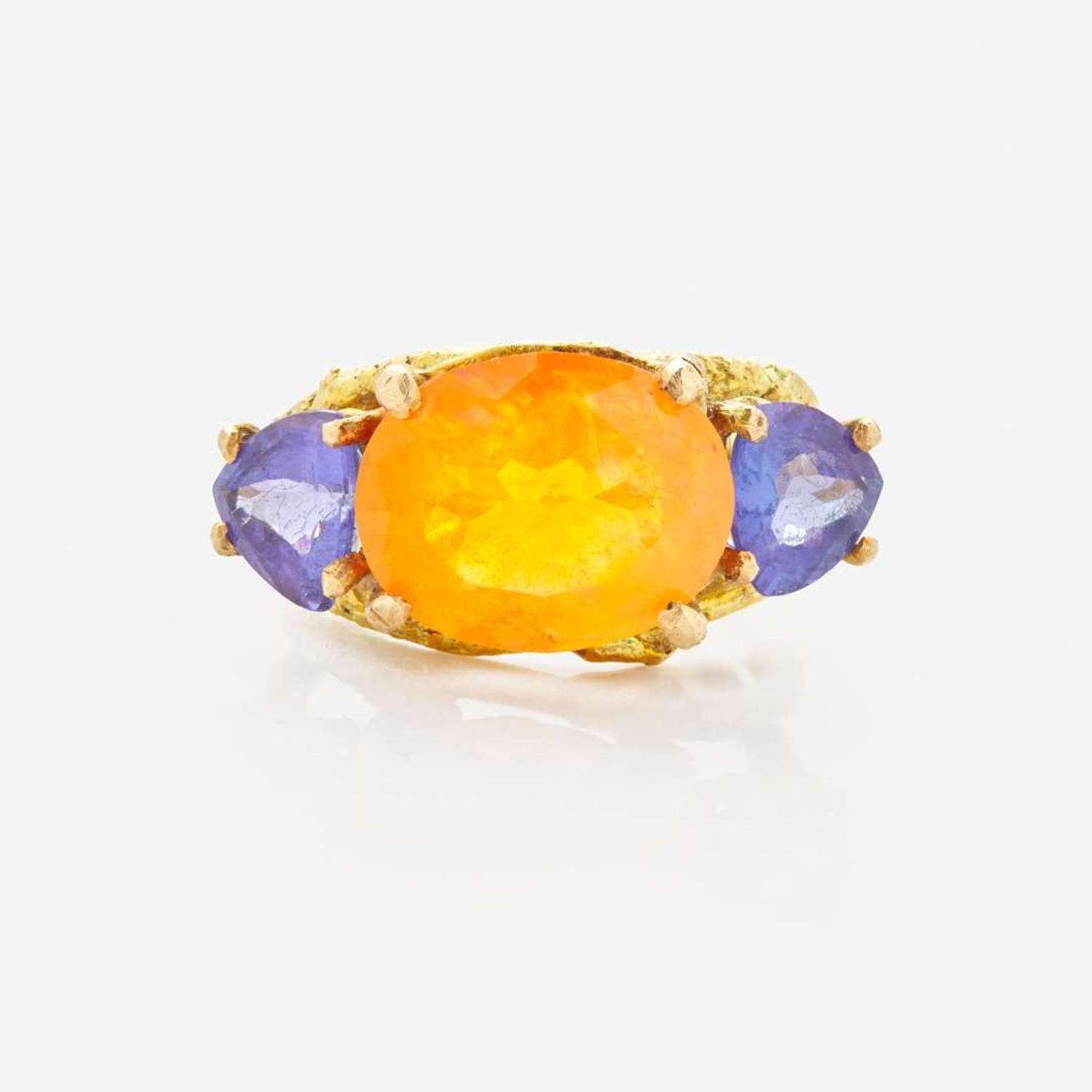 A 14K Fire Opal and Tanzanite Ring by Sam Shaw