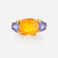 A 14K Fire Opal and Tanzanite Ring by Sam Shaw