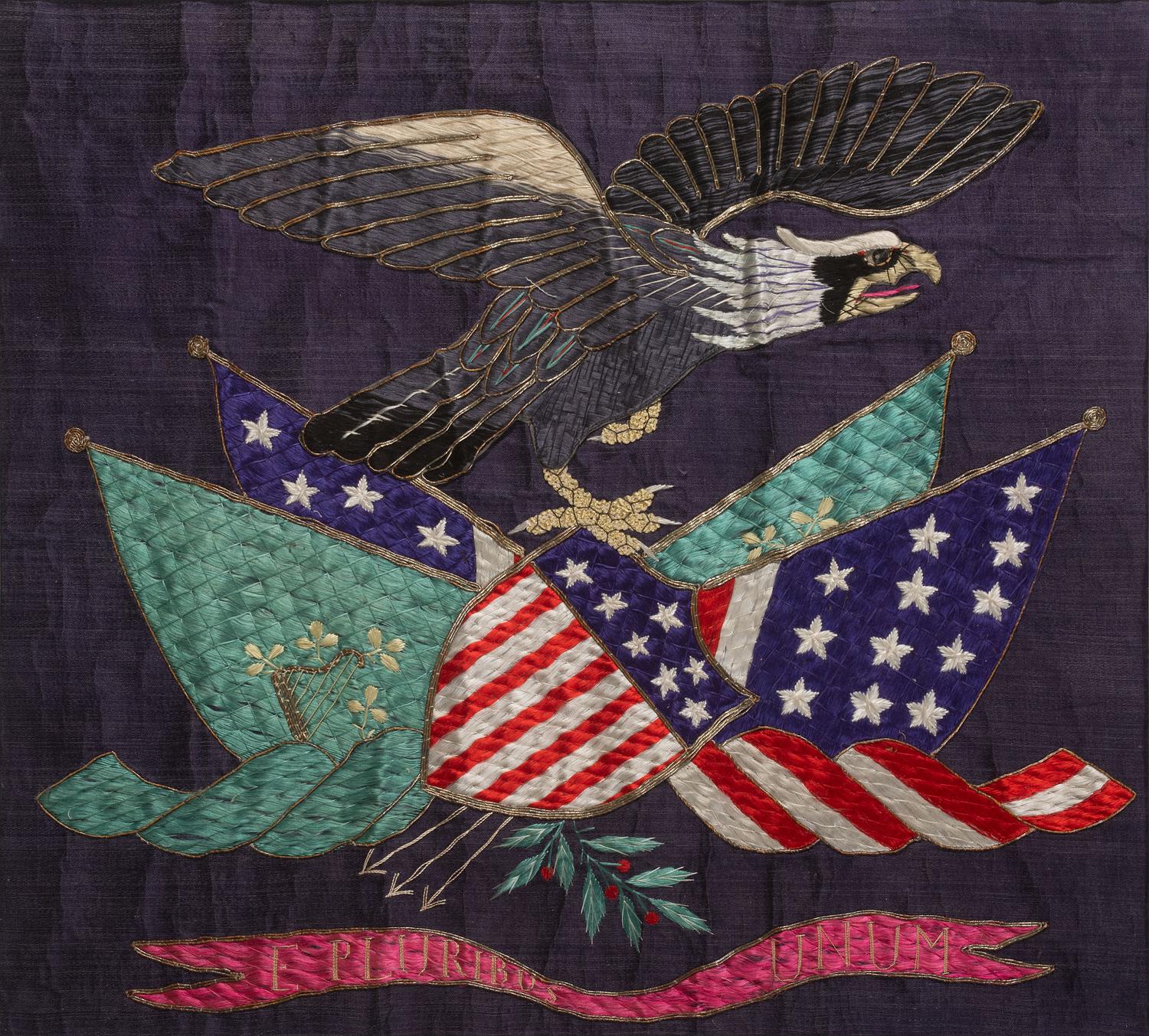 A Japanese Export Metallic Thread Embroidered Silk American Eagle Crest