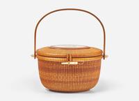 A Nantucket basket, Alan S. W. Reed, with scrimshaw plaque by Lee Anne Papale, dated "1989"
