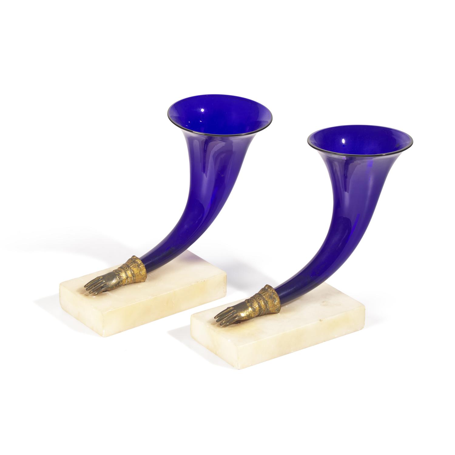 A Pair of Cornucopia-Form Cobalt Blue Glass, Gilt Bronze, and Alabaster Mantel Vases