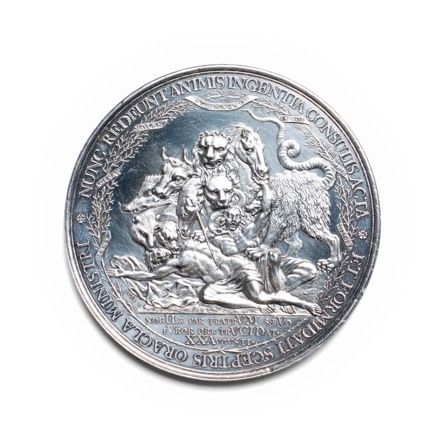[EXONUMIA] A Dutch ND (1672) Silvered-Metal Commemorative Medallion by Pierre Aury (Dutch, 17th Century) of the Assassination of the Dewitt Brothers (103.7 g, 73mm; Cleaned)