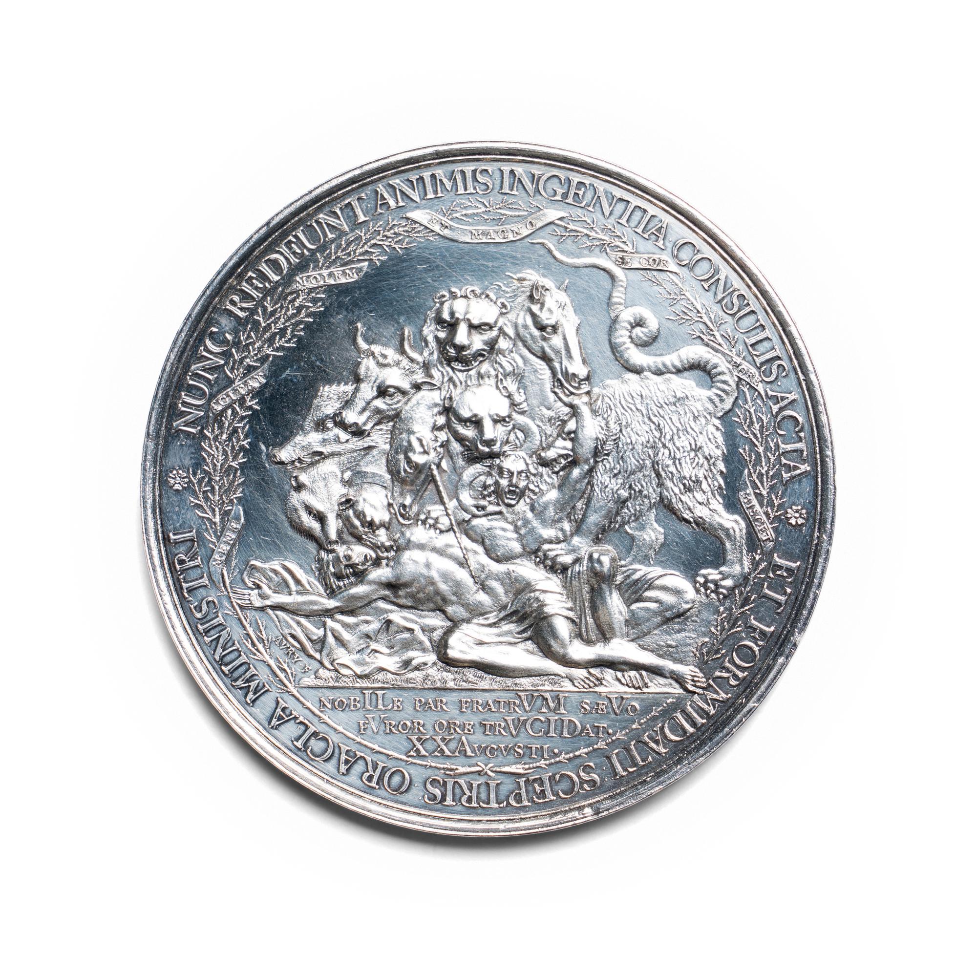 [EXONUMIA] A Dutch ND (1672) Silvered-Metal Commemorative Medallion by Pierre Aury (Dutch, 17th Century) of the Assassination of the Dewitt Brothers (103.7 g, 73mm; Cleaned)