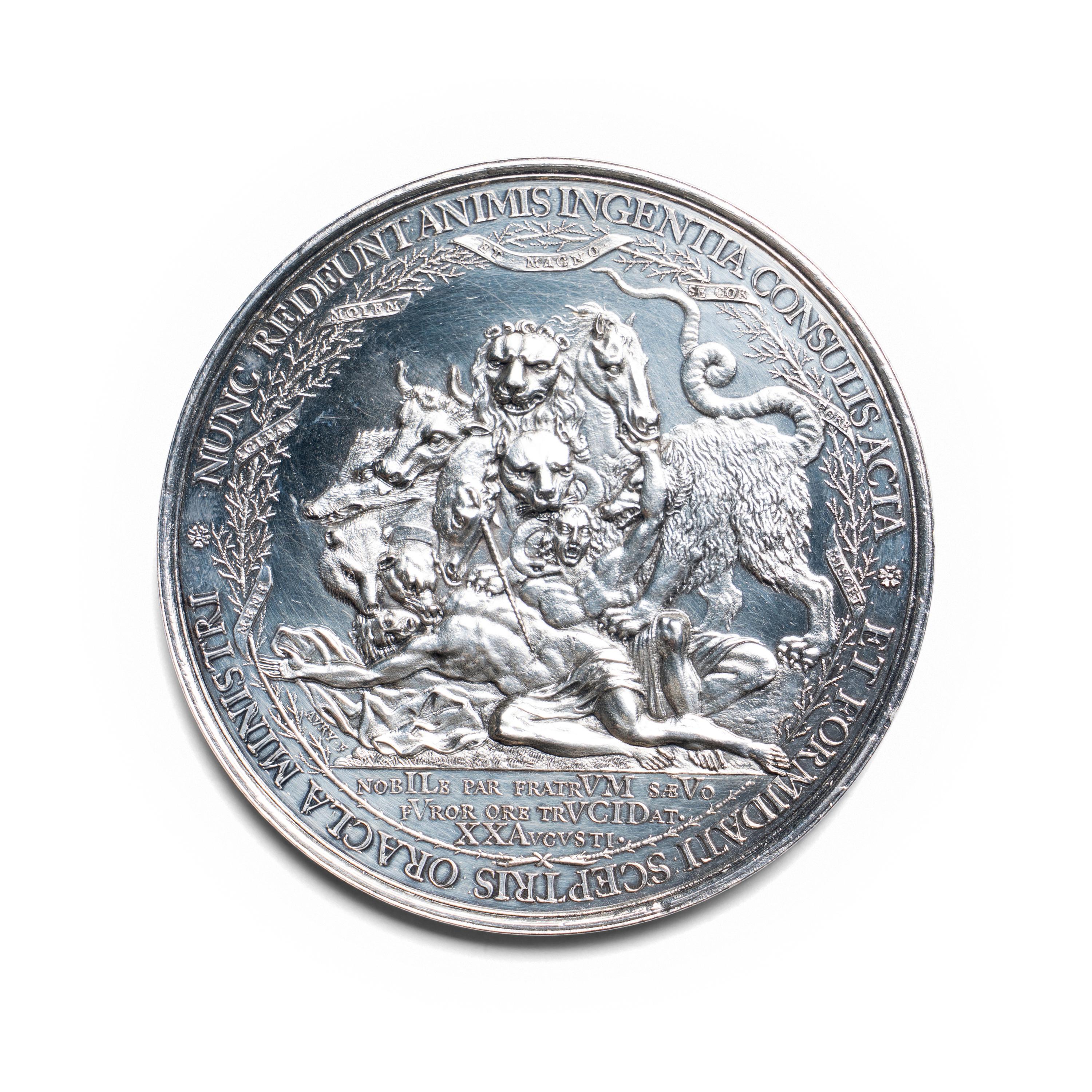 [EXONUMIA] A Dutch ND (1672) Silvered-Metal Commemorative Medallion by Pierre Aury (Dutch, 17th Century) of the Assassination of the Dewitt Brothers (103.7 g, 73mm; Cleaned)