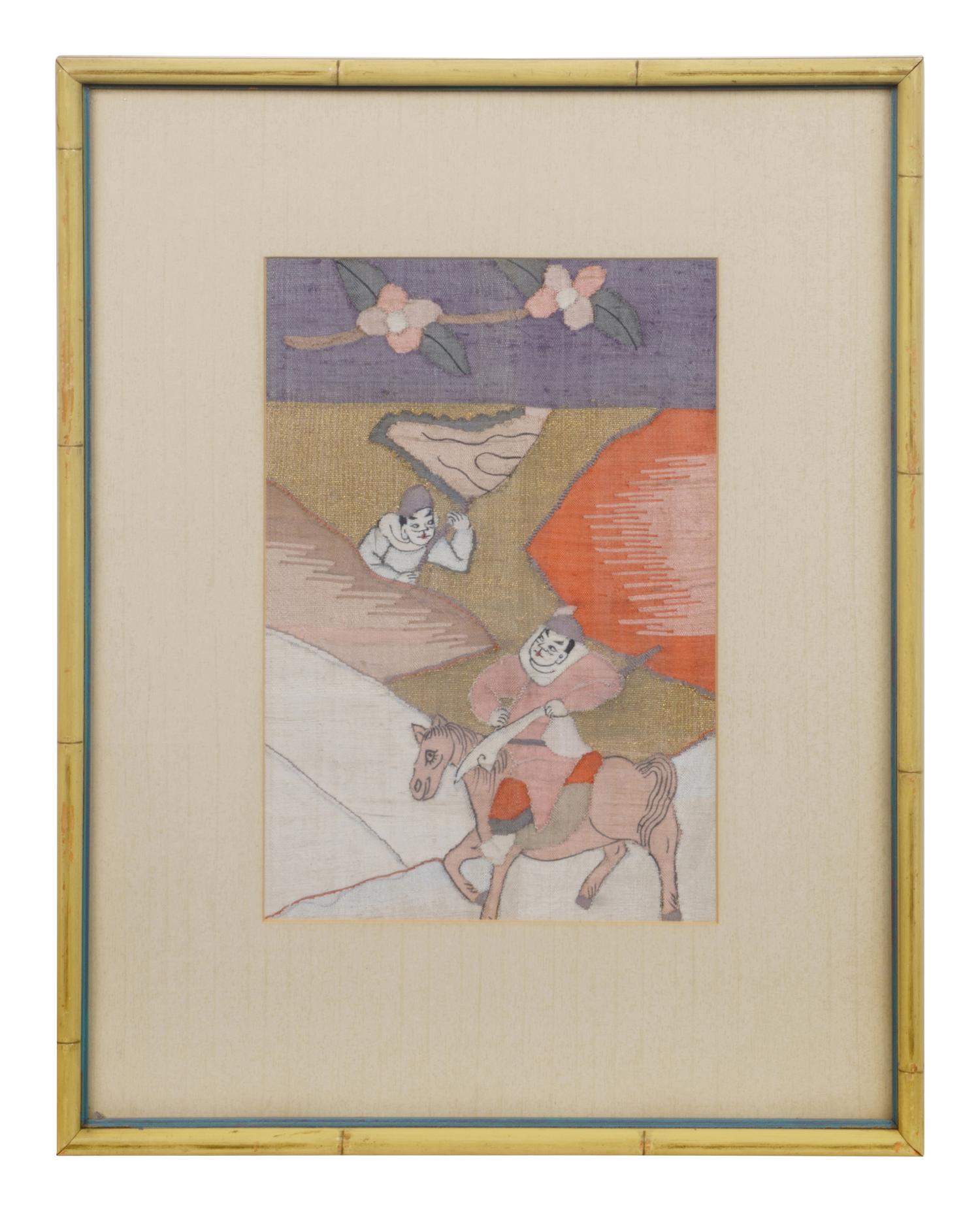 Four Cream Ground Kesi Woven and Painted Silk Panels