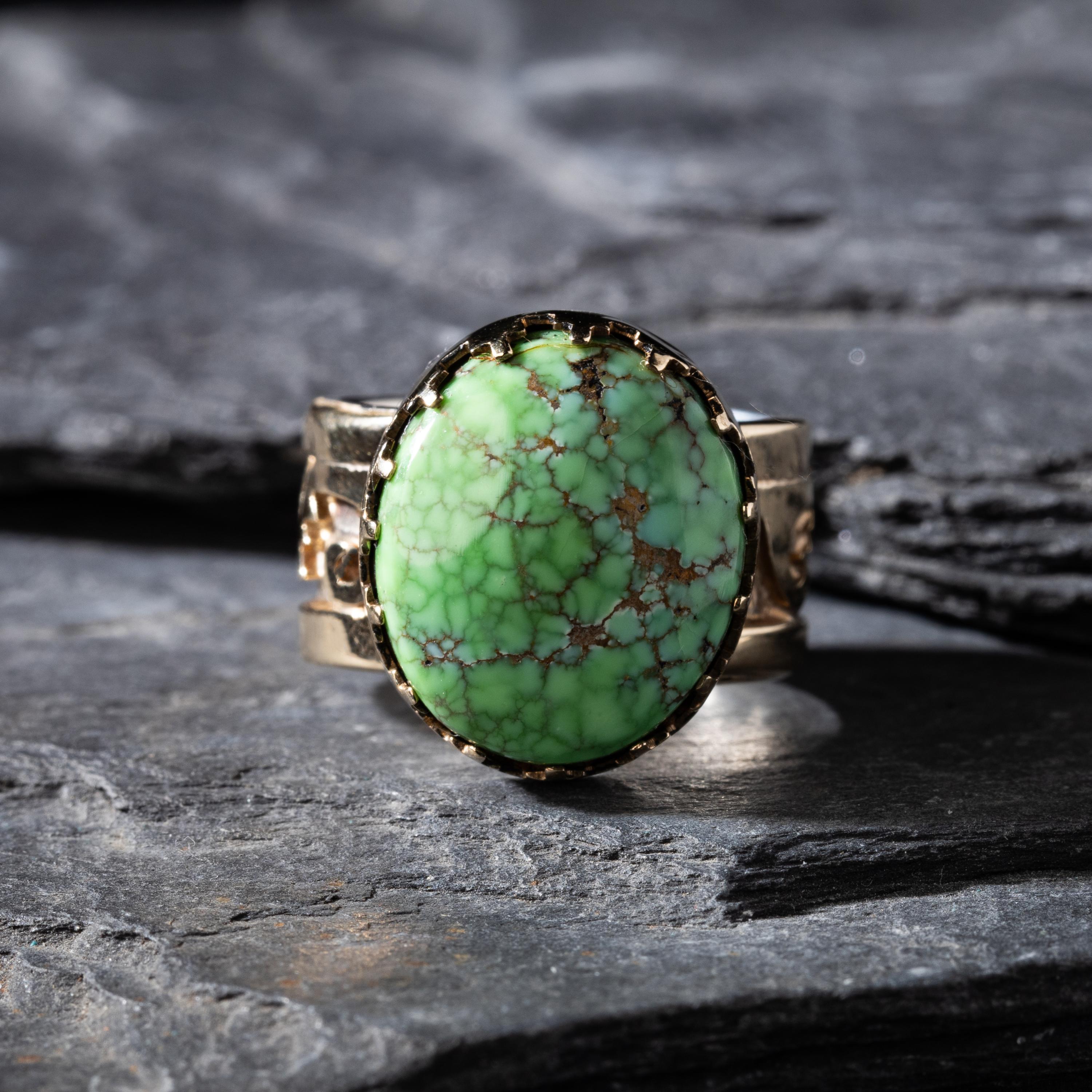 Dina Huntinghorse (Wichita-Kiowa, act. since 1980s) — Sterling Silver with 14K Gold Overlay Ring, with Carico Lake Turquoise
