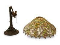 A Unique Art Glass Leaded Glass and Patinated Metal Wisteria Table Lamp