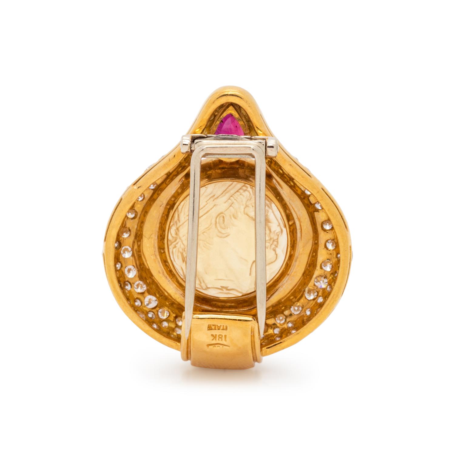 CITRINE CAMEO, RUBY AND DIAMOND SLIDE PENDANT/BROOCH