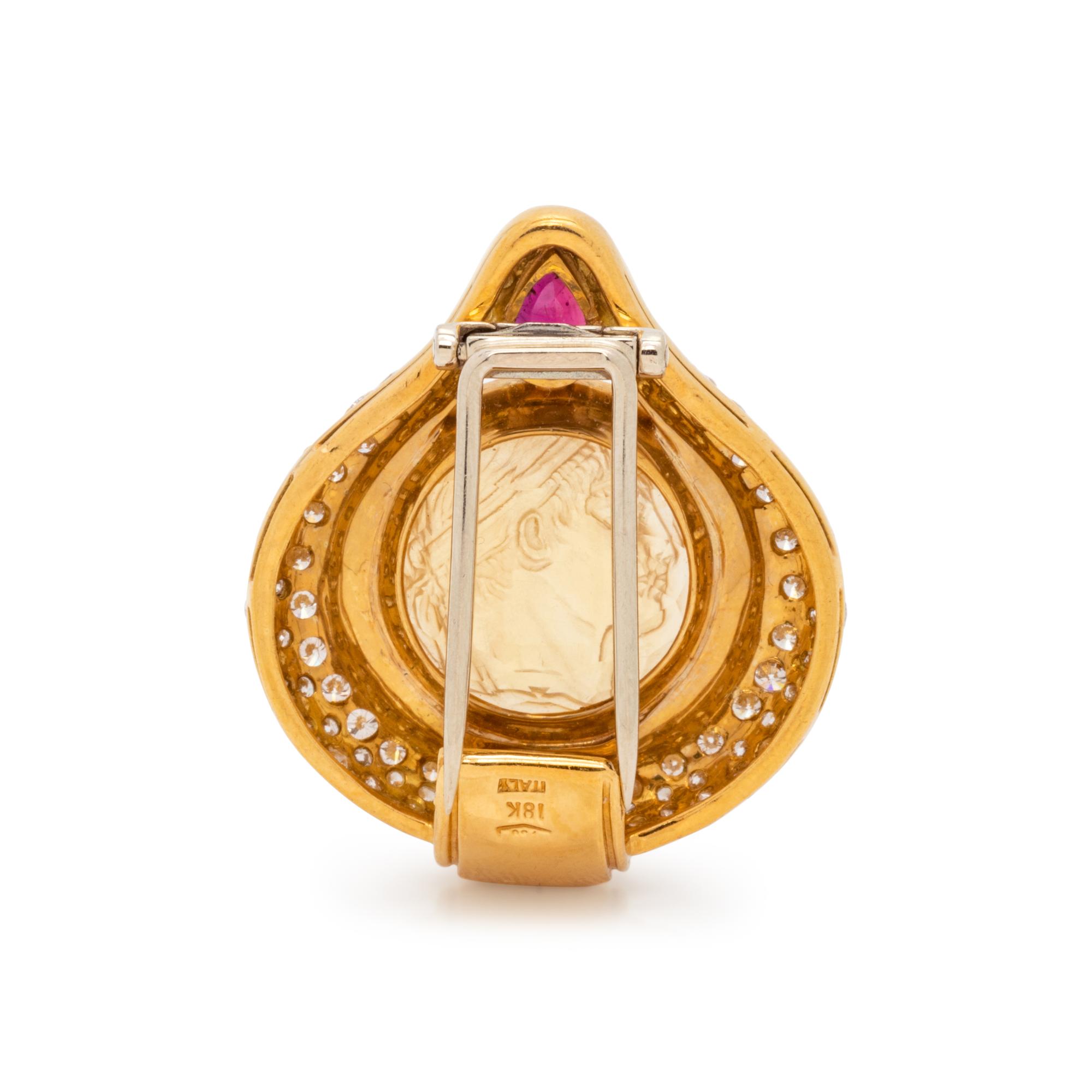 CITRINE CAMEO, RUBY AND DIAMOND SLIDE PENDANT/BROOCH