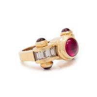 YELLOW GOLD, SYNTHETIC RUBY AND DIAMOND RING