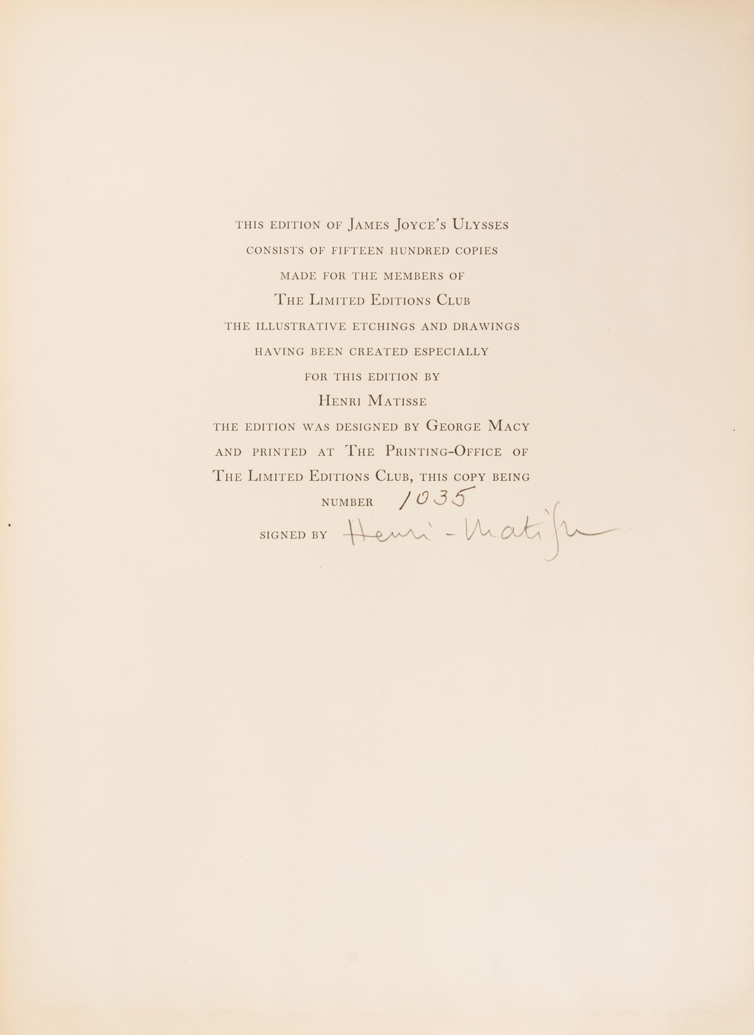 (LEC. MATISSE, HENRI) JOYCE, JAMES. Ulysses. New York, 1935. Limited edition, signed.