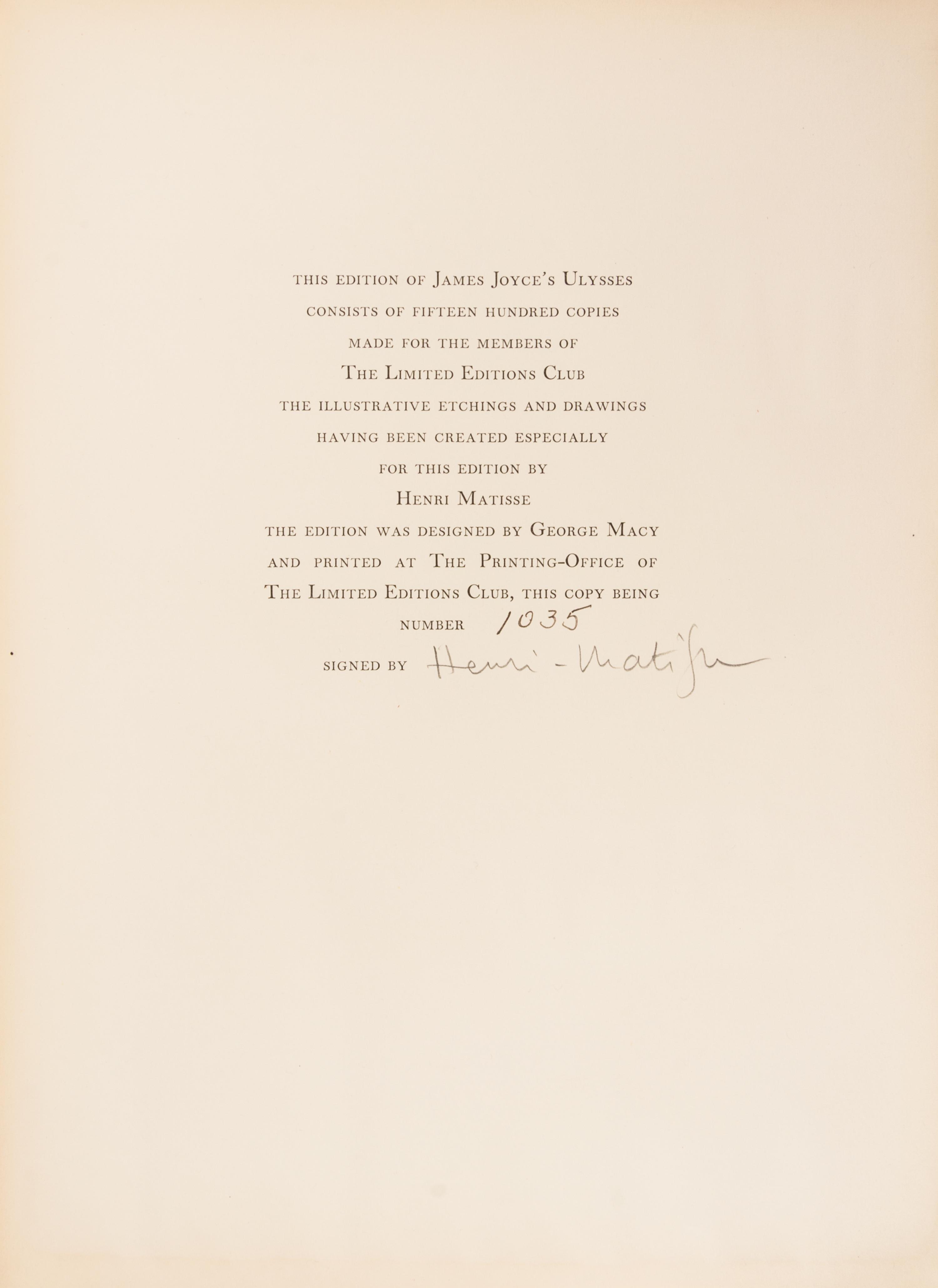 (LEC. MATISSE, HENRI) JOYCE, JAMES. Ulysses. New York, 1935. Limited edition, signed.