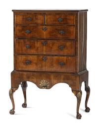A George II Shell-Carved and Parcel Gilt Walnut-Veneered Chest-on-Stand