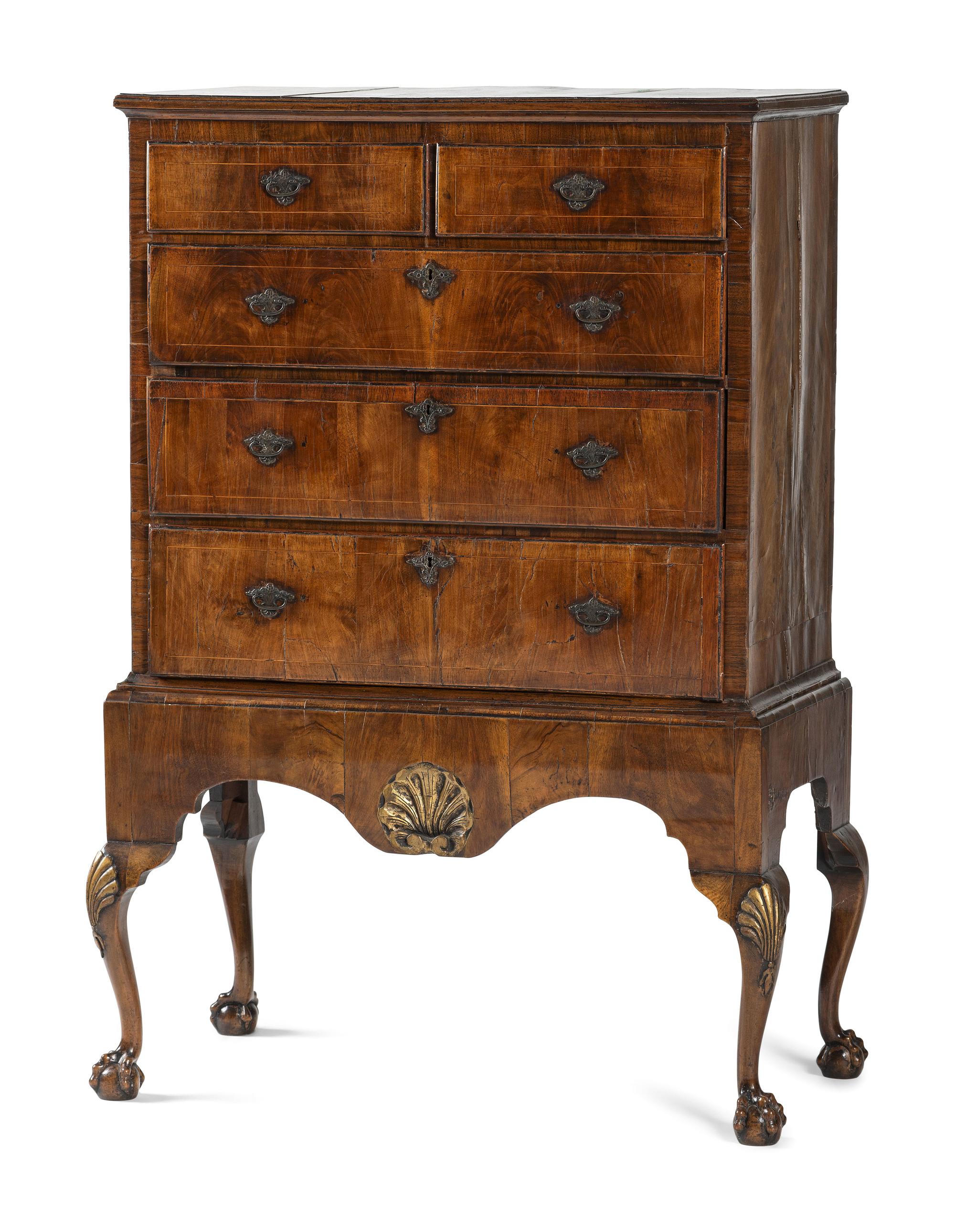 A George II Shell-Carved and Parcel Gilt Walnut-Veneered Chest-on-Stand