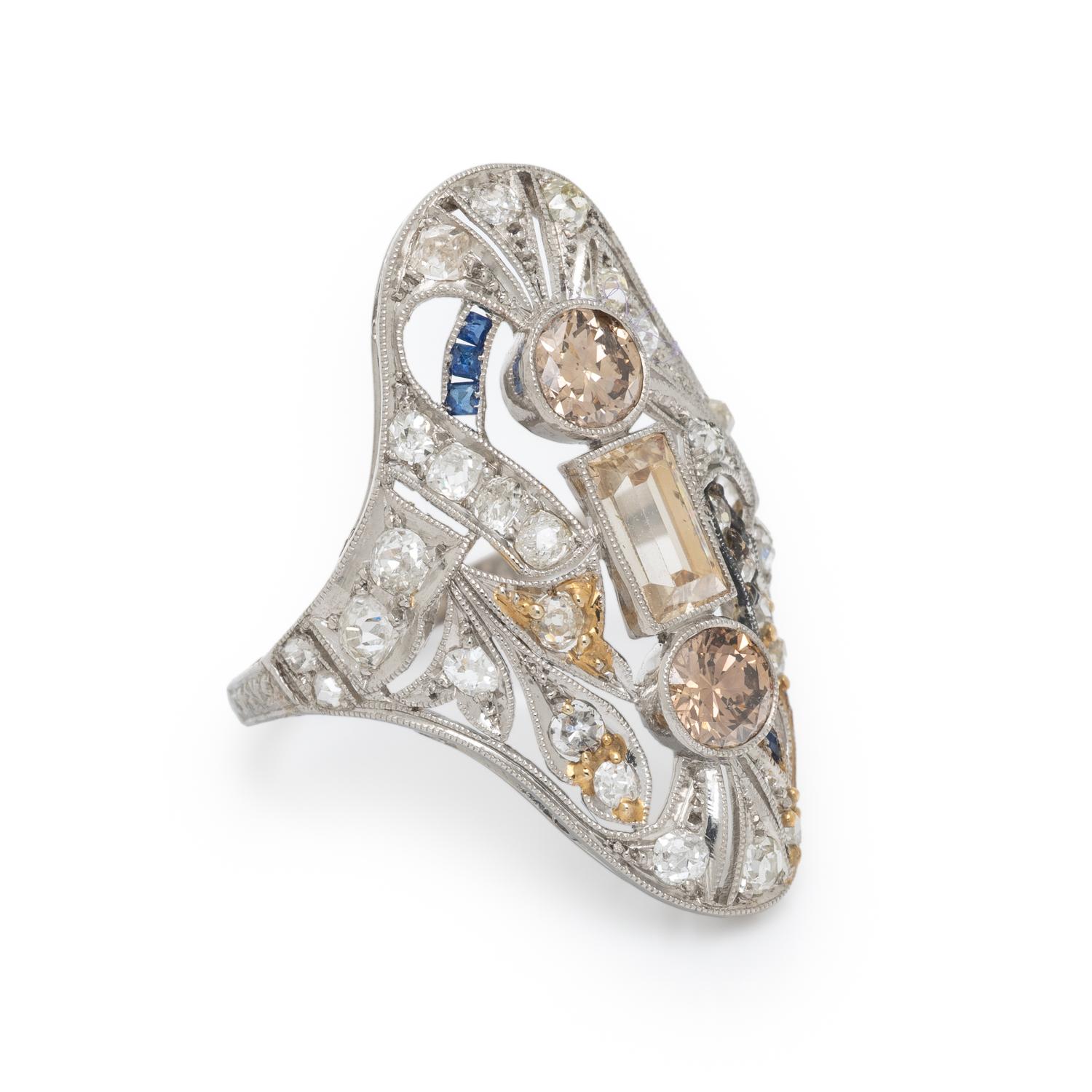 COLORED DIAMOND, DIAMOND, AND SYNTHETIC SAPPHIRE NAVETTE RING