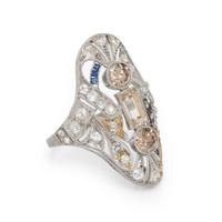 COLORED DIAMOND, DIAMOND, AND SYNTHETIC SAPPHIRE NAVETTE RING