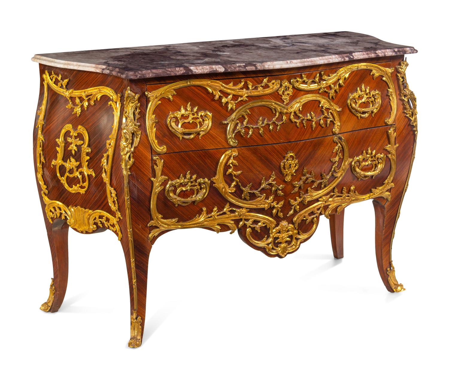 A Louis XV Style Gilt Metal Mounted Kingwood Marble-Top Bombé Commode
