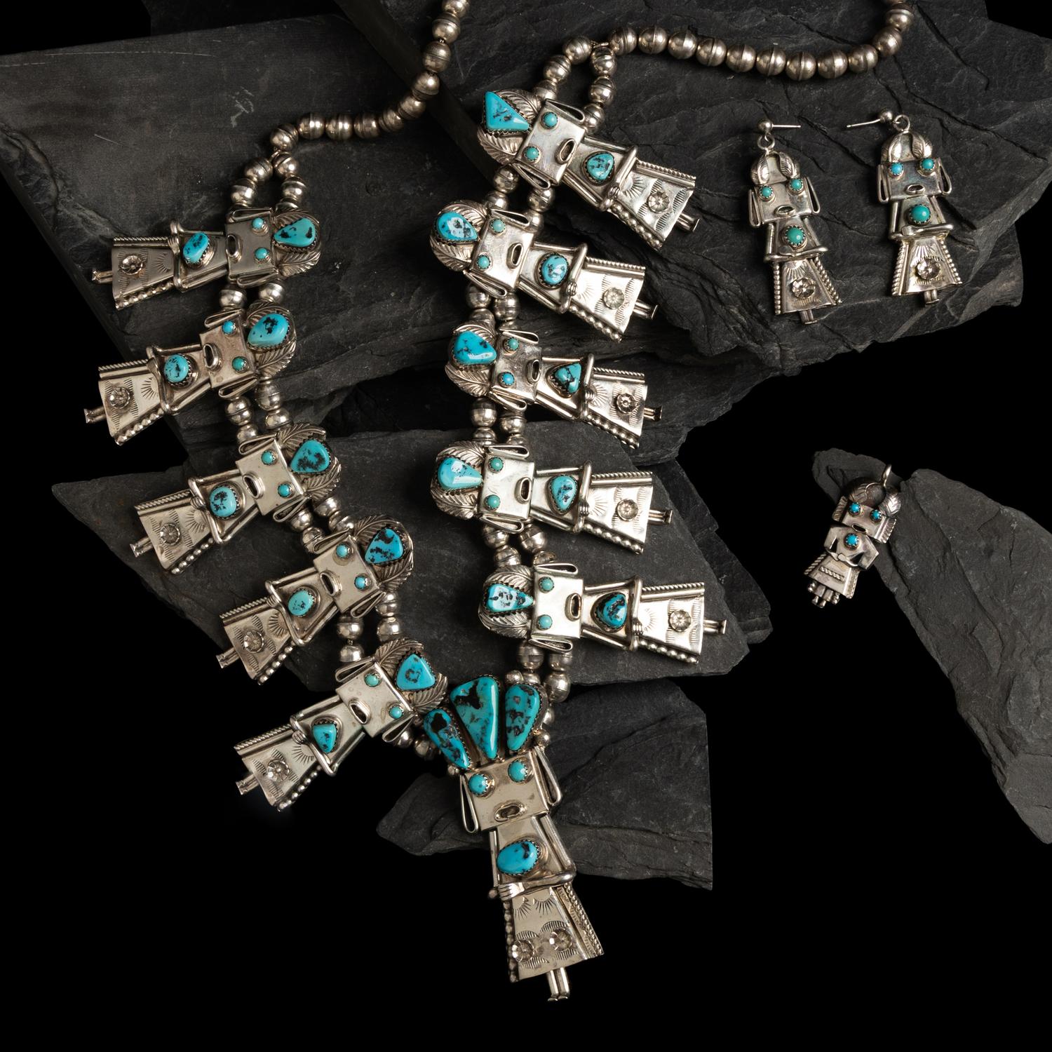 Navajo Turquoise Sterling Silver Kachina Necklace, Earrings, and Pendant Set