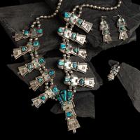 Navajo Turquoise Sterling Silver Kachina Necklace, Earrings, and Pendant Set