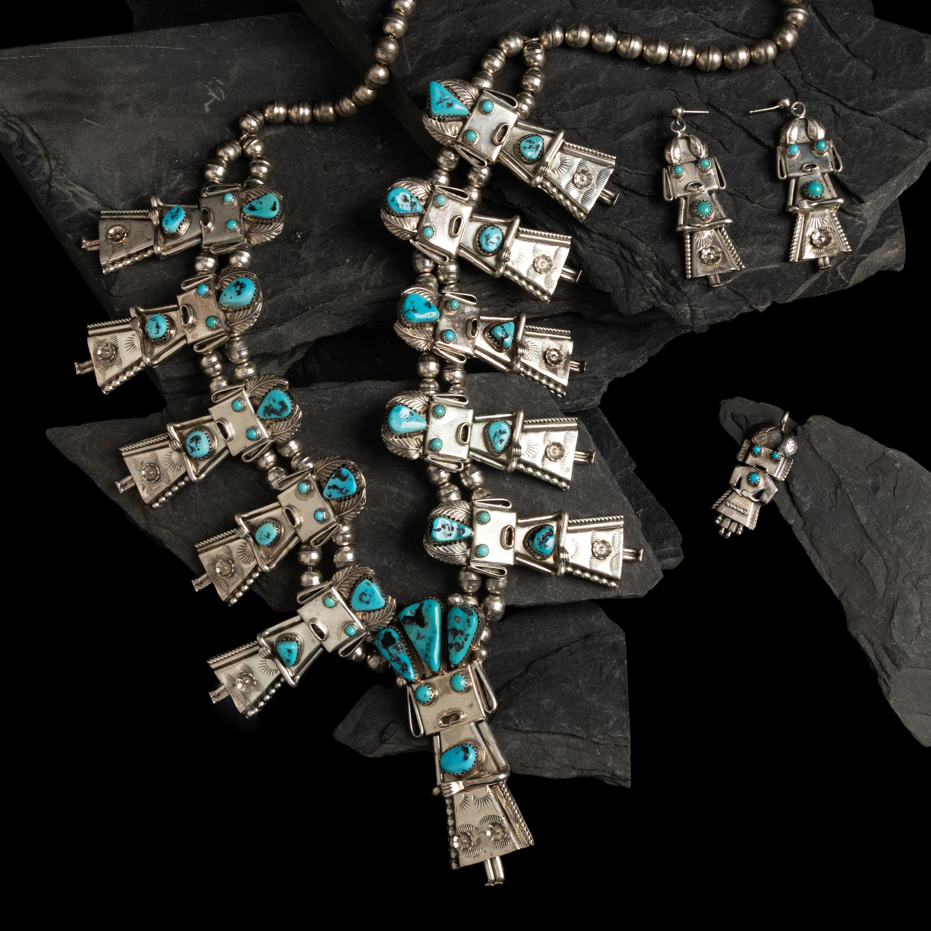 Navajo Turquoise Sterling Silver Kachina Necklace, Earrings, and Pendant Set