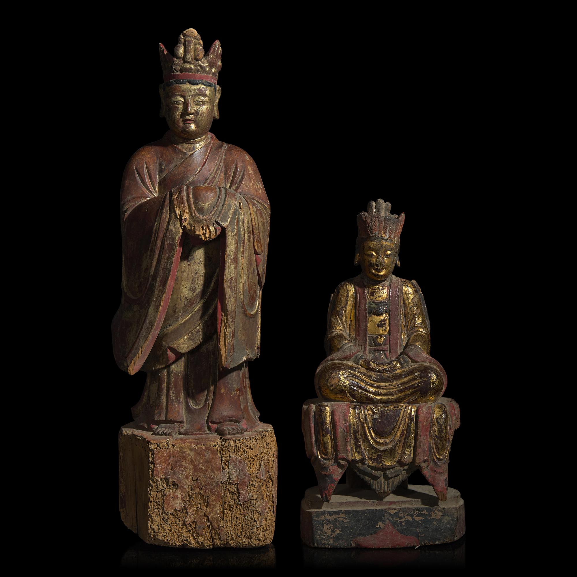 Two Chinese Gilt Wood Figures of Bodhisattvas 木漆金菩薩像兩尊